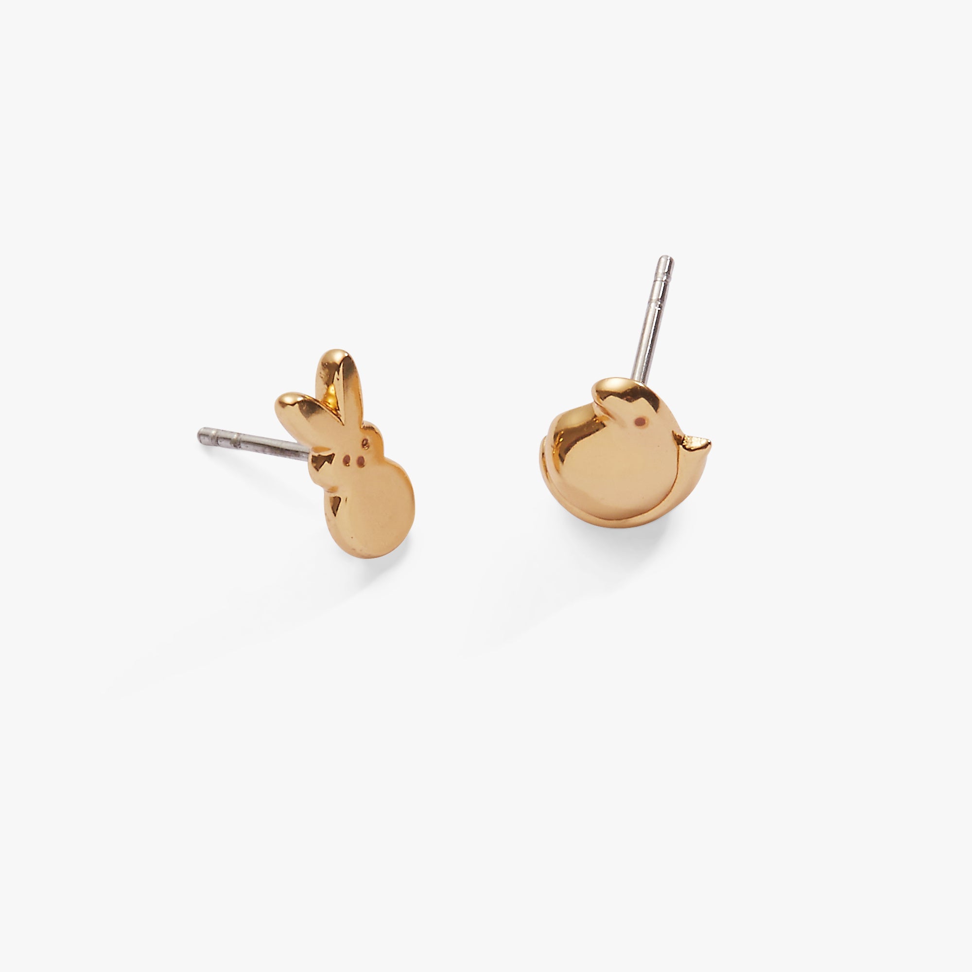 Gold PEEPS® Bunny and Chick stud earrings by ALEX AND ANI featuring adorable Easter-themed designs.
