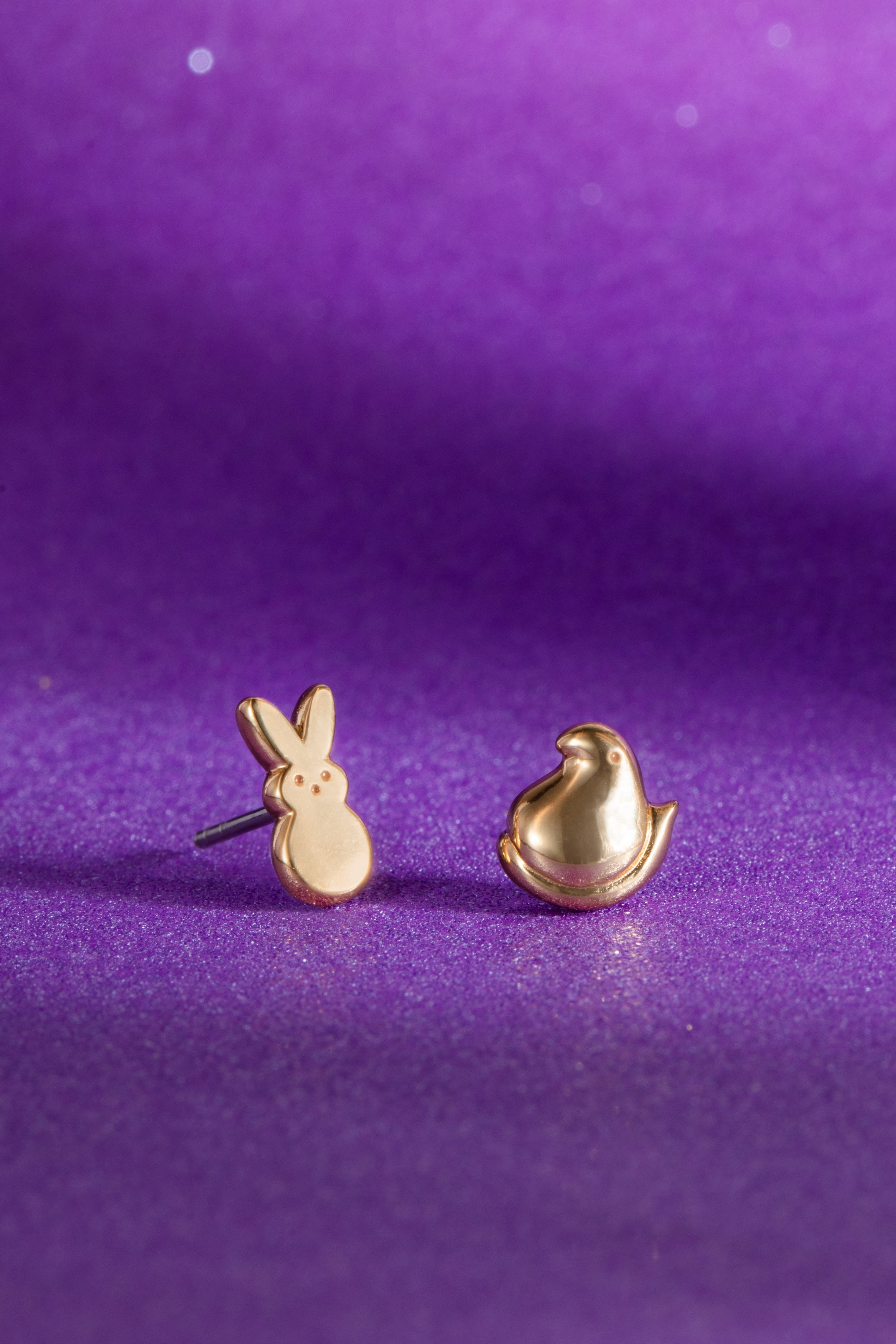 Gold PEEPS® Bunny and Chick stud earrings by ALEX AND ANI featuring colorful bunny and chick designs for playful style.