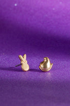 Gold PEEPS® Bunny and Chick stud earrings by ALEX AND ANI featuring colorful bunny and chick designs for playful style.