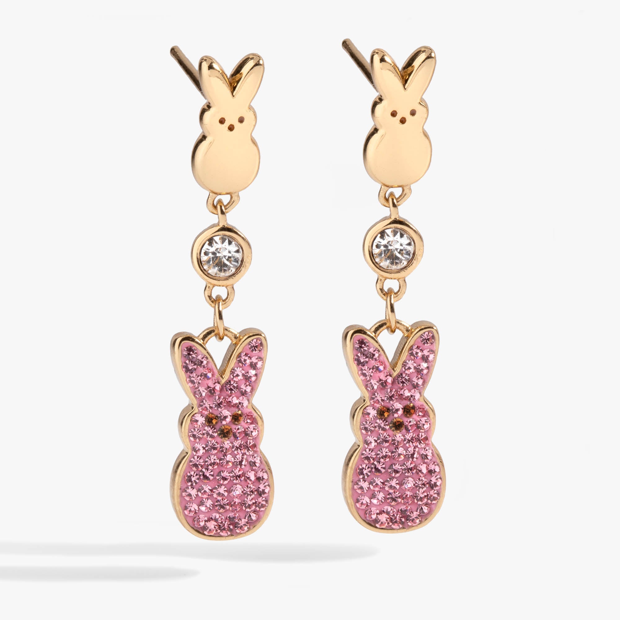 Gold PEEPS® statement earrings by ALEX AND ANI featuring bold, colorful designs on elegant earrings for a fashionable look.