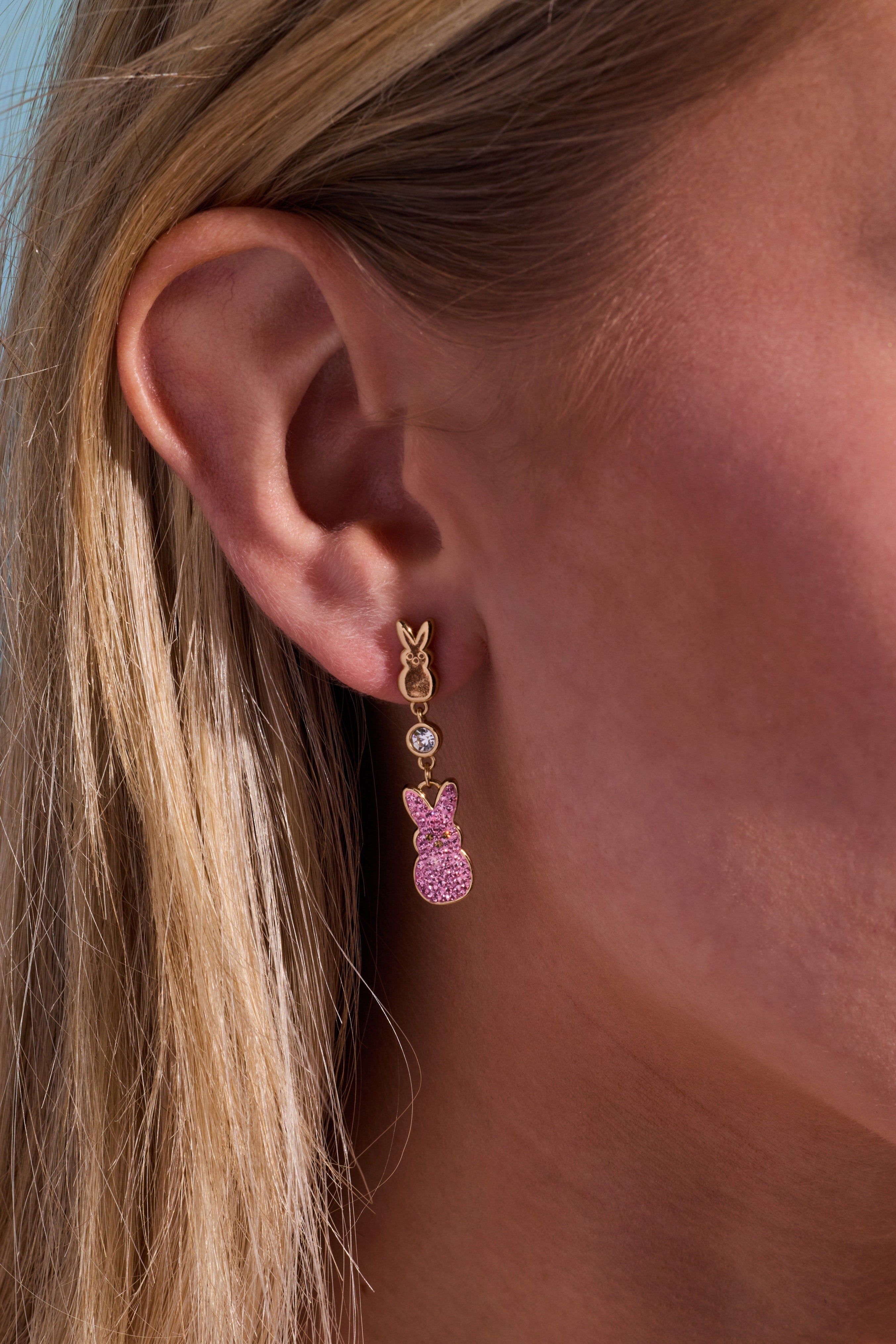 Gold PEEPS® statement earrings by ALEX AND ANI featuring bold, eye-catching jewelry with intricate detailing.