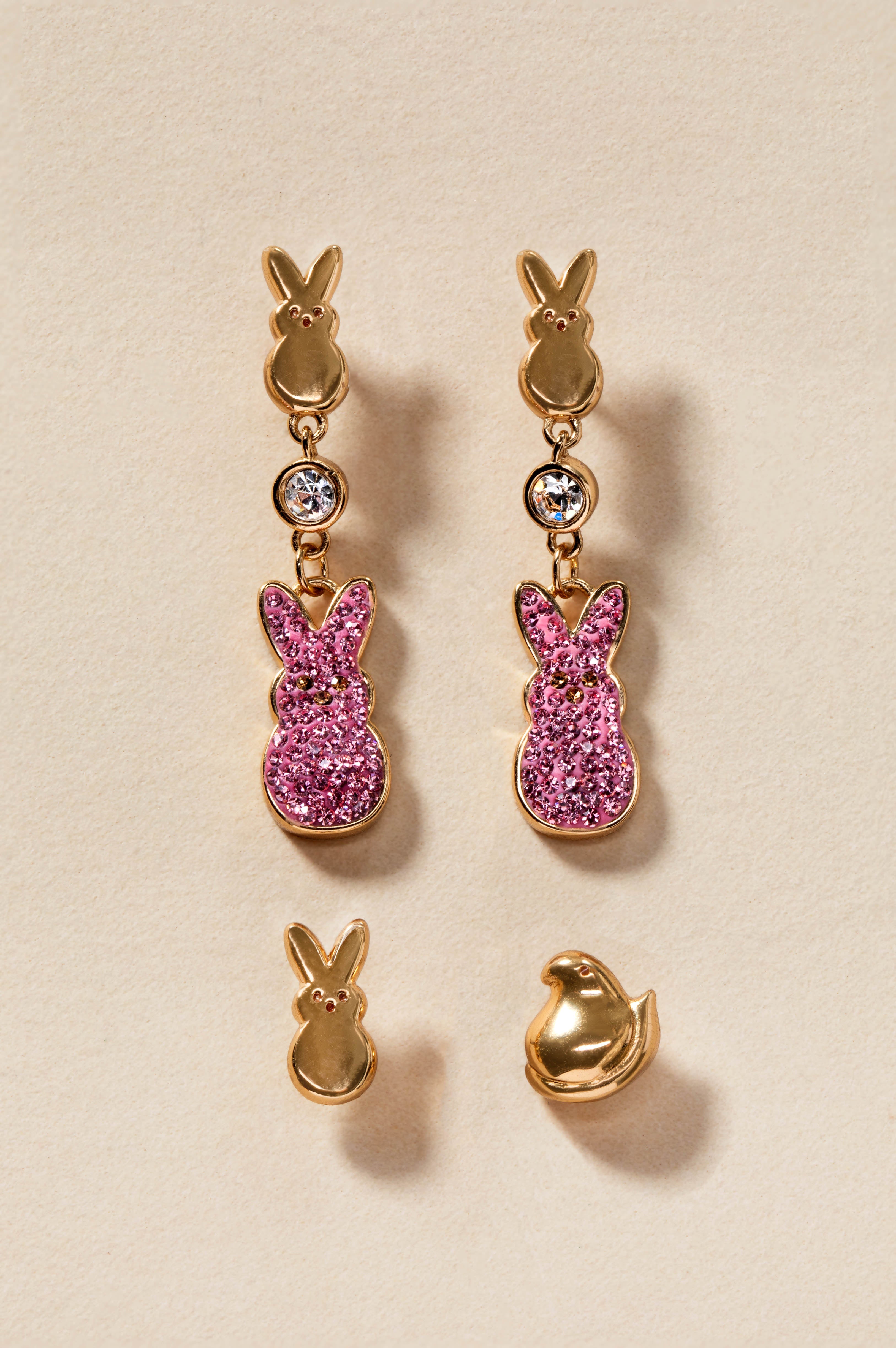 Gold PEEPS® statement earrings by ALEX AND ANI with bold design and intricate detailing, perfect for stylish accessories.