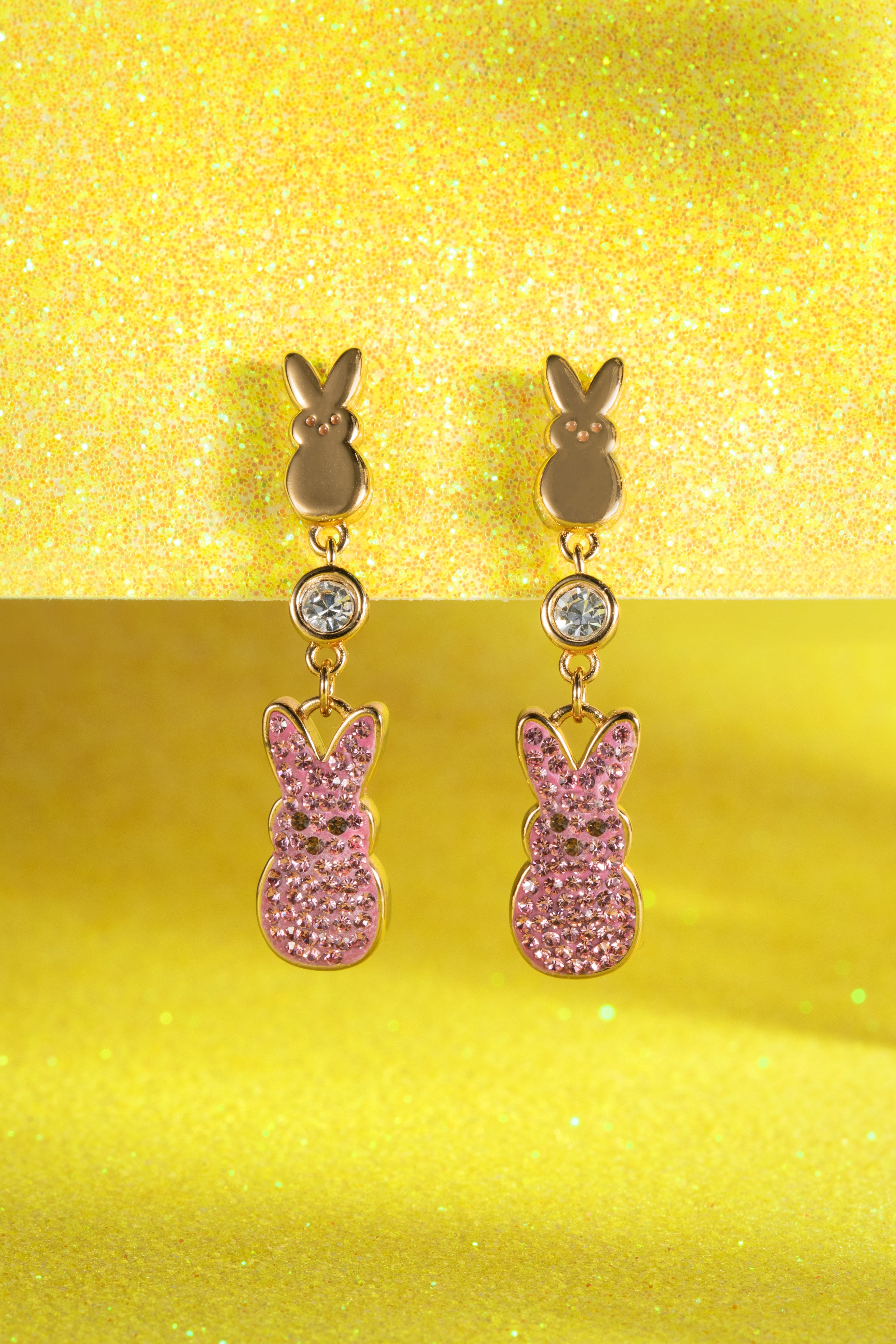 Gold PEEPS® statement earrings by ALEX AND ANI featuring bold, colorful design with intricate detailing.
