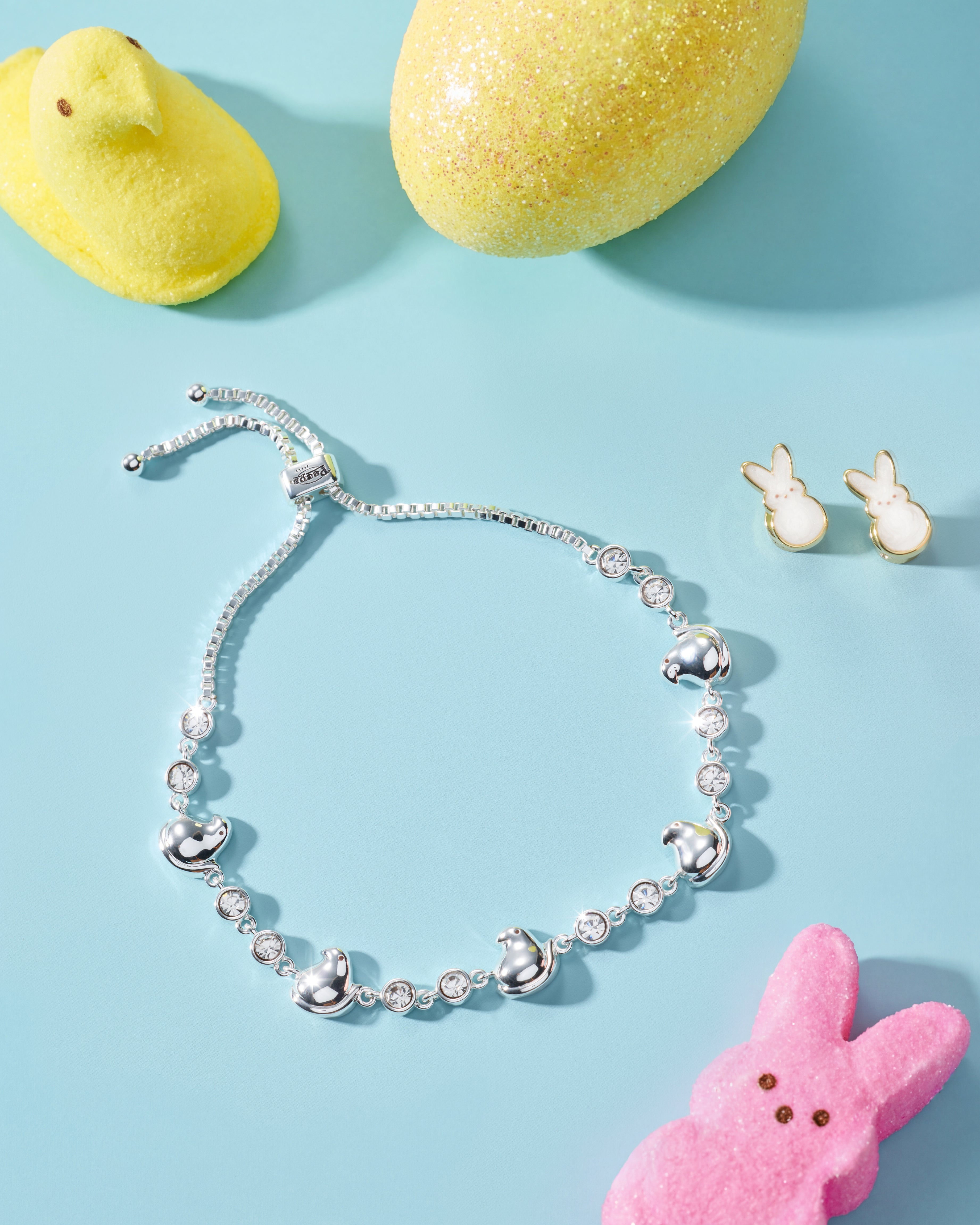 Gold PEEPS® White Pearlized Bunny Stud Earrings by ALEX AND ANI, featuring cute bunny design with shiny pearl finish.
