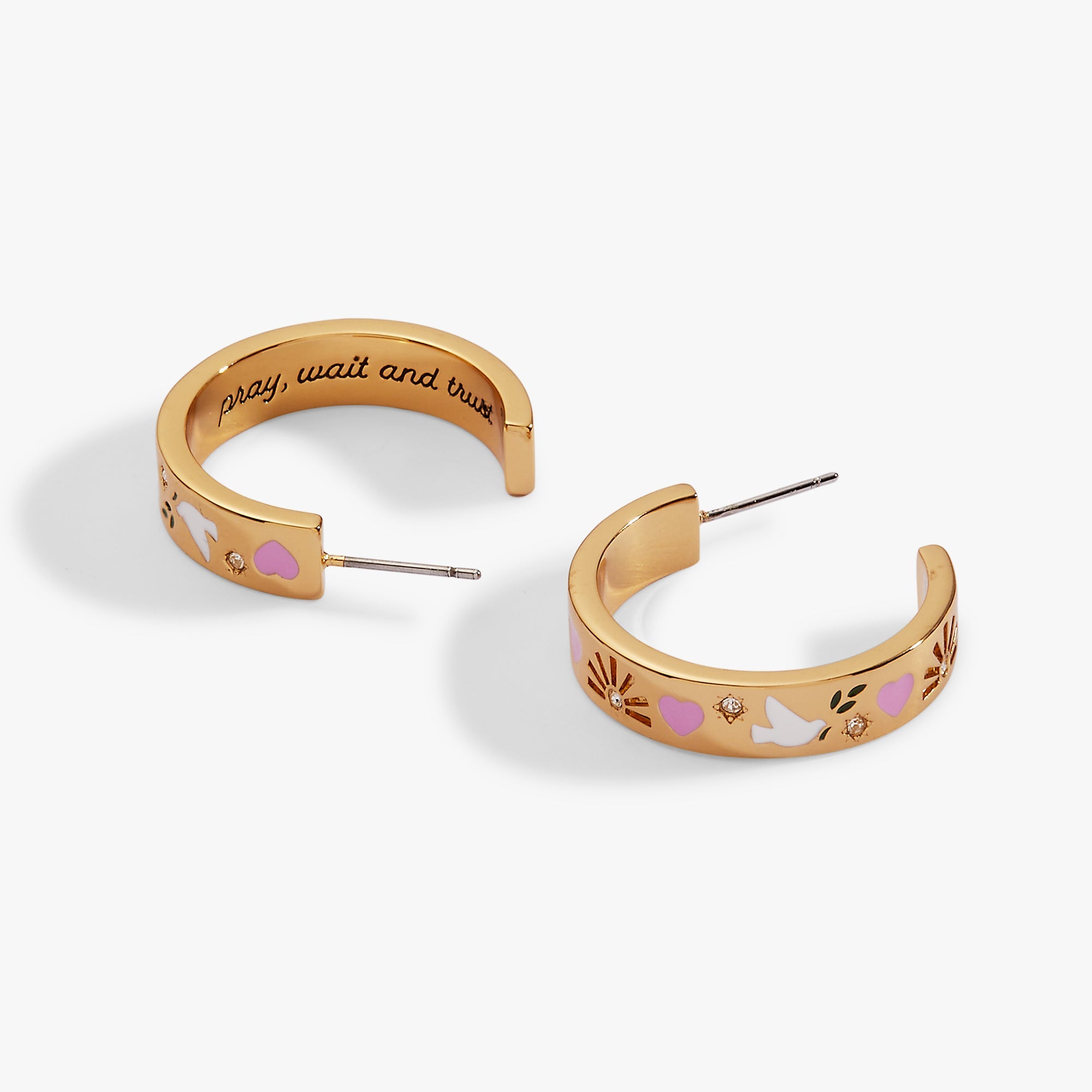 Gold hoop earrings by ALEX AND ANI featuring a "Pray, Wait and Trust" design for elegant, meaningful jewelry.