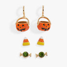 Gold 'Trick or Treat' earrings set of 3 by ALEX AND ANI featuring festive Halloween-themed dangle earrings.