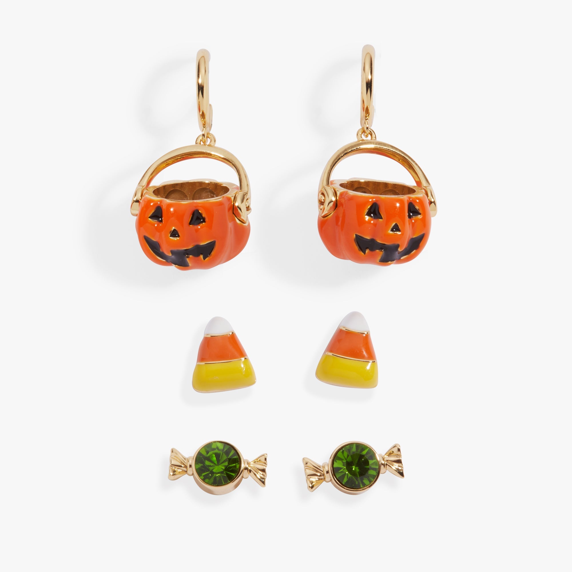 Gold 'Trick or Treat' earrings set of 3 by ALEX AND ANI featuring festive Halloween-themed dangle earrings.