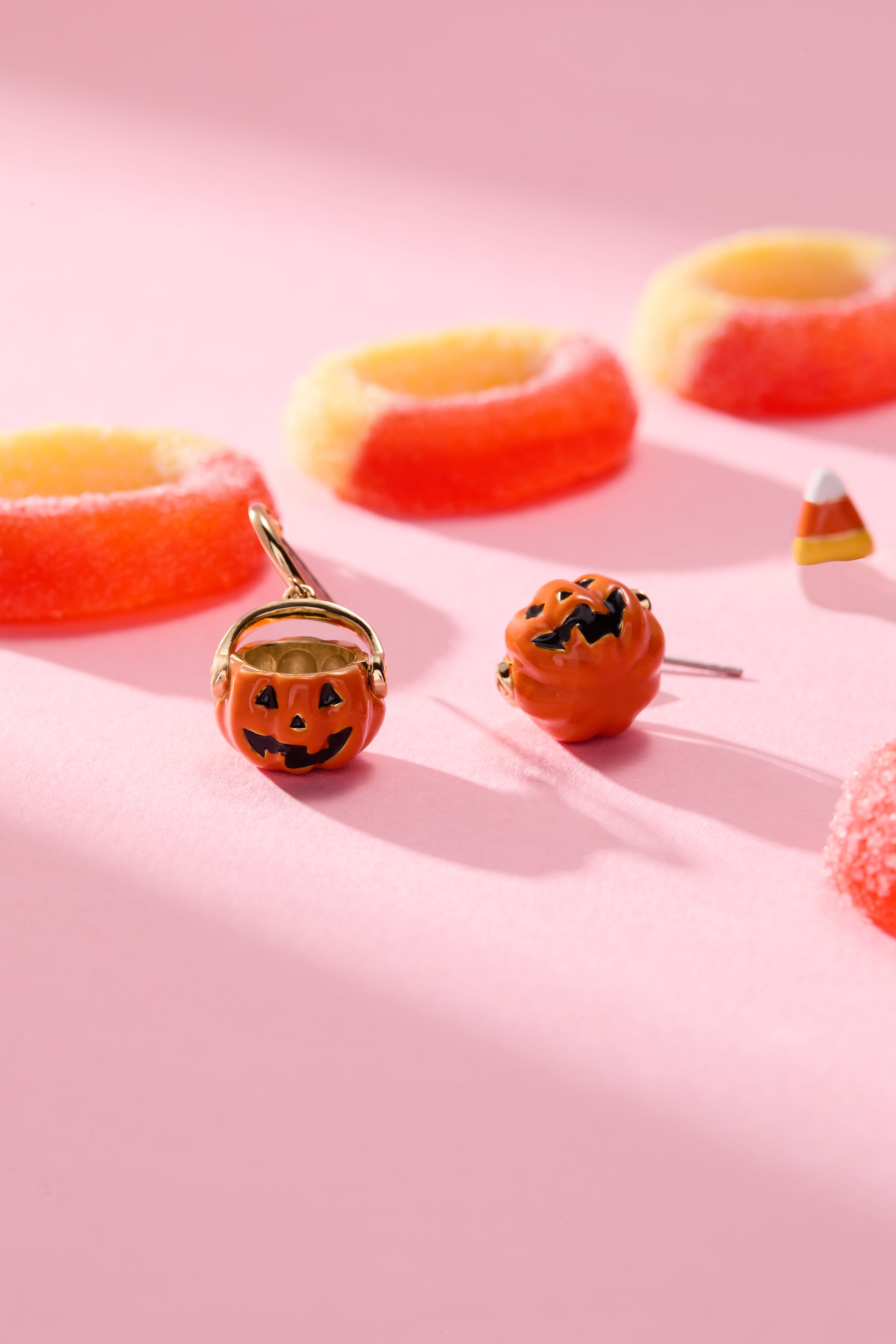 Set of three Halloween-themed gold earrings from ALEX AND ANI featuring Trick or Treat designs for festive style.