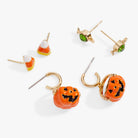 Gold 'Trick or Treat' earrings set of 3 by ALEX AND ANI, featuring festive Halloween-themed earrings on display.