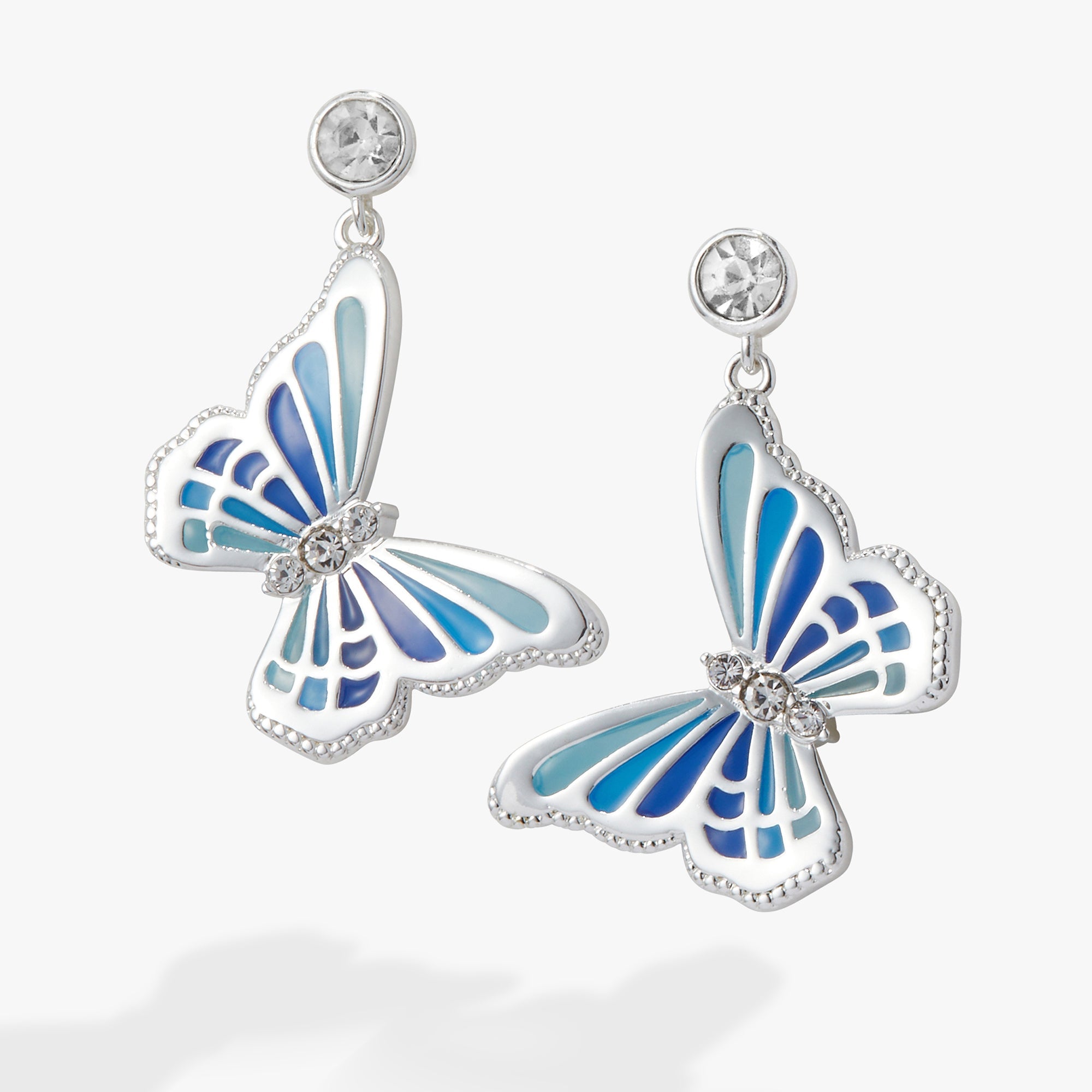 Silver butterfly crystal drop earrings by ALEX AND ANI featuring delicate butterfly design and sparkling crystal accents.