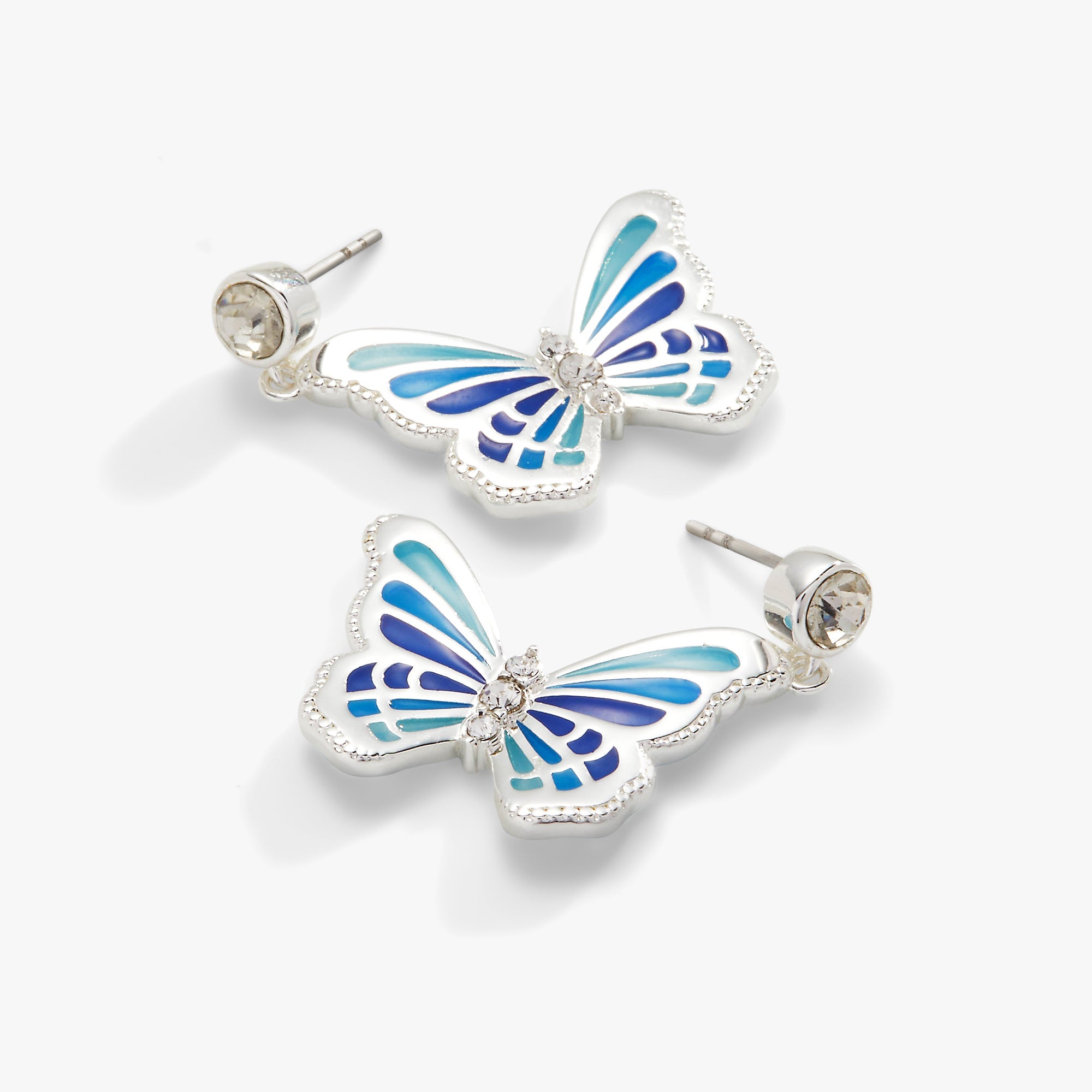 Silver butterfly crystal drop earrings by ALEX AND ANI, featuring delicate butterfly design and sparkling crystal accents.