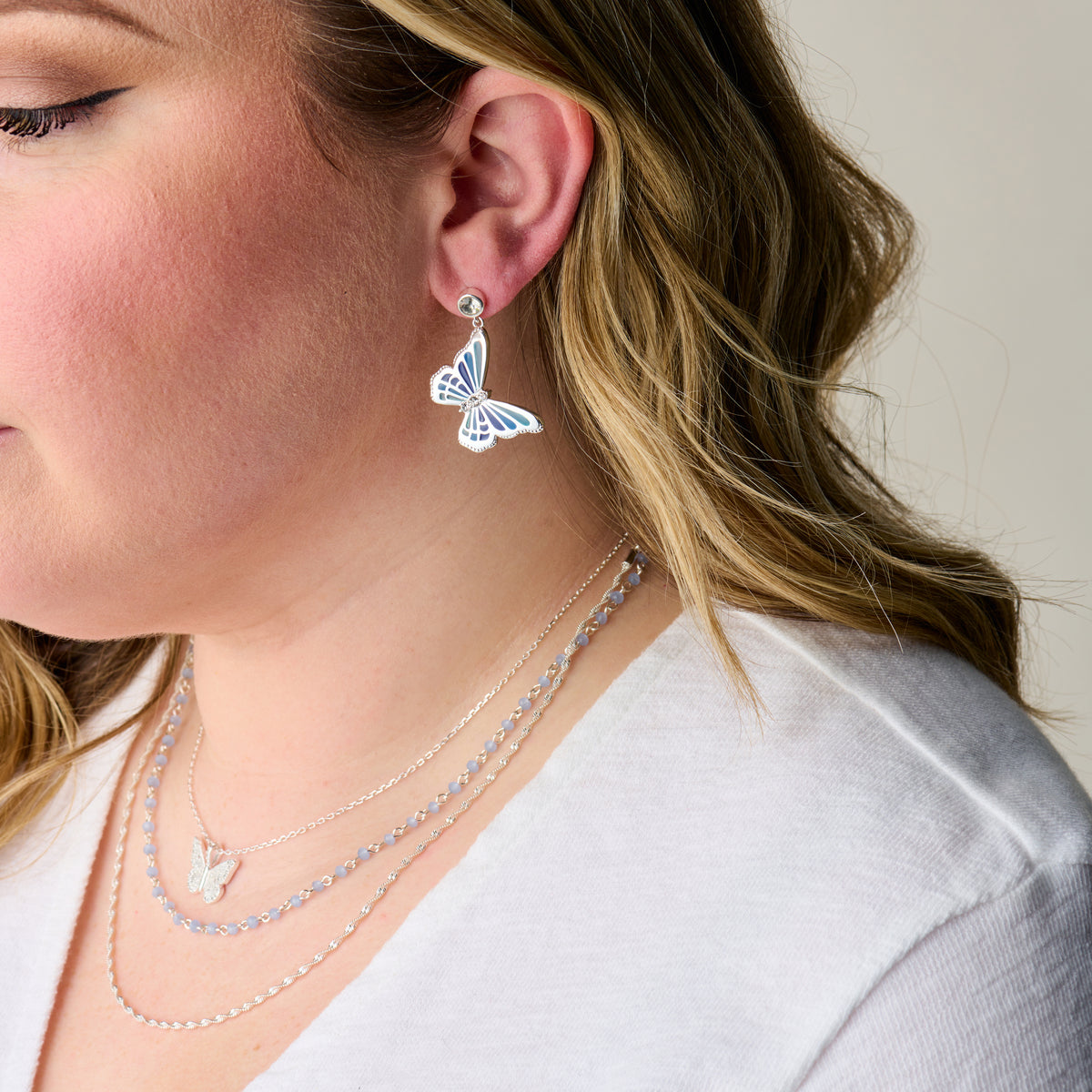 Silver butterfly crystal drop earrings by ALEX AND ANI featuring delicate crystal accents and elegant design.