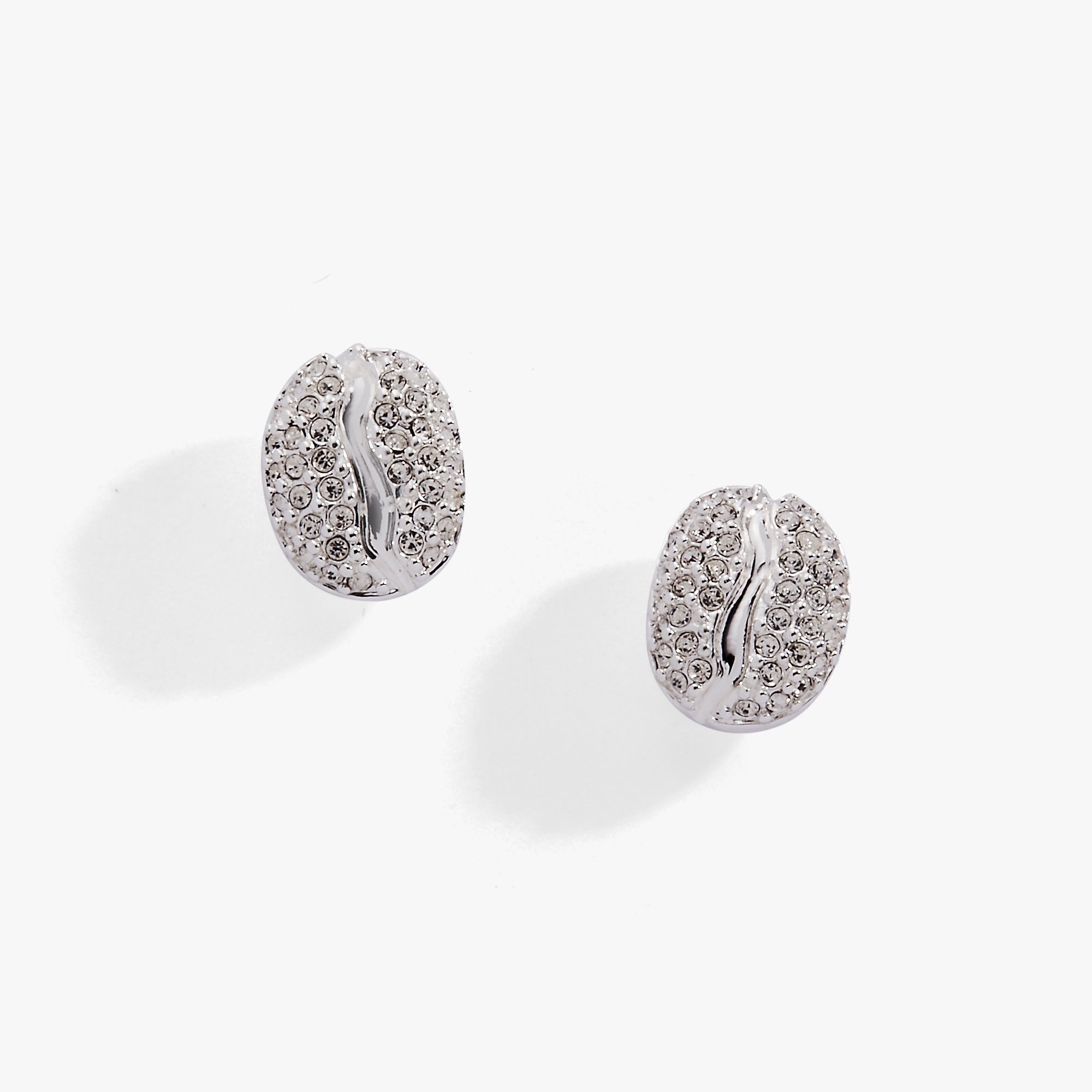 Silver Coffee Bean Pave Crystal Stud Earrings by ALEX AND ANI featuring sparkling crystal accents and a detailed coffee bean design.