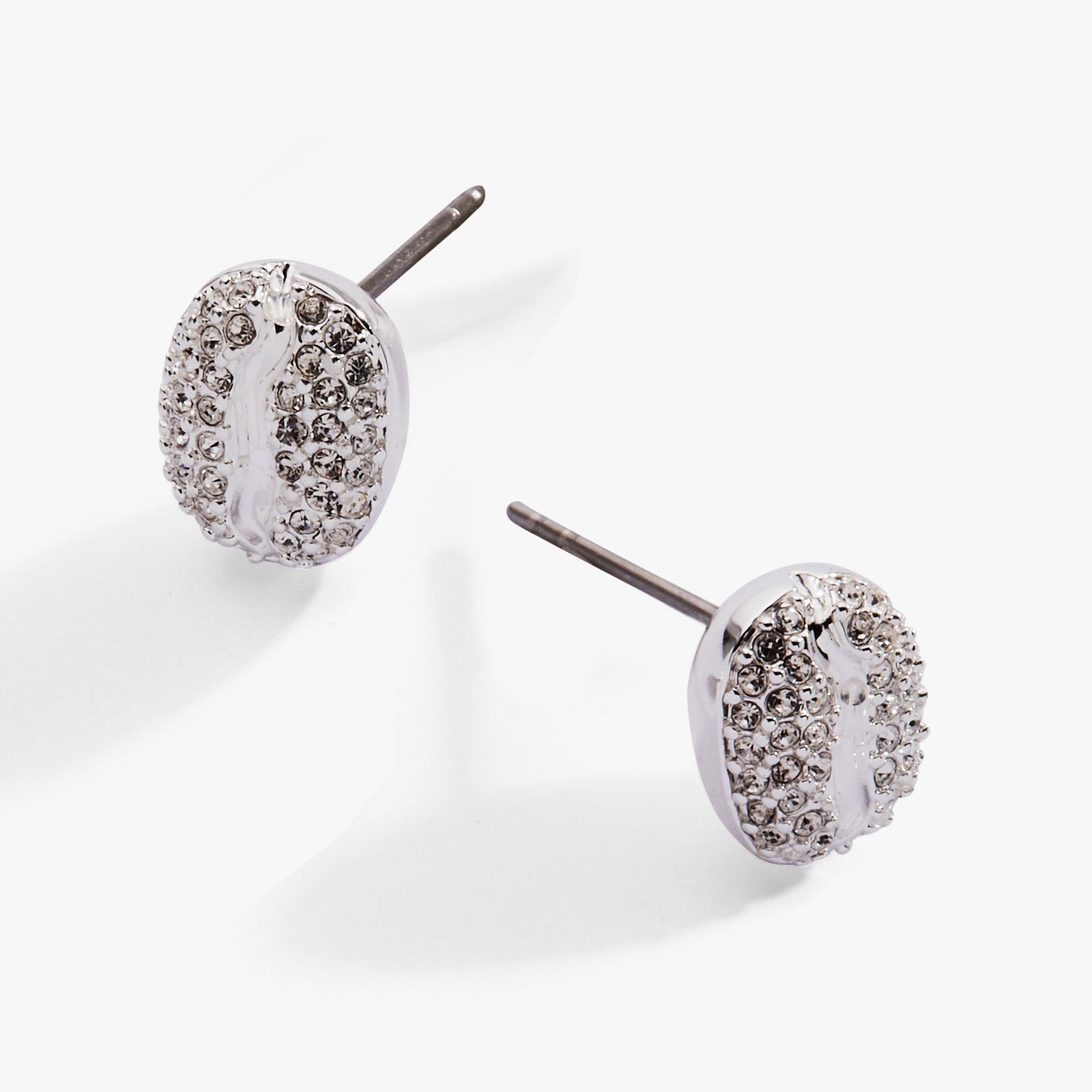 Silver Coffee Bean Pave Crystal Stud Earrings by ALEX AND ANI, featuring sparkling crystal accents on small, stylish earring studs.