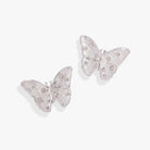Silver glass butterfly statement stud earrings by ALEX AND ANI featuring intricate butterfly design and shiny finish.