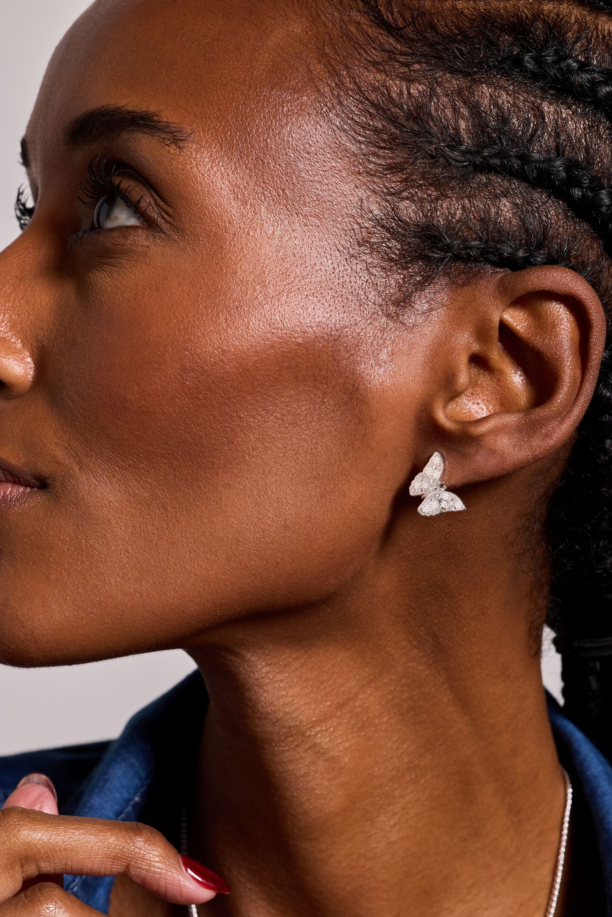 Silver glass butterfly statement stud earrings by ALEX AND ANI featuring detailed butterfly design and sleek metallic finish.