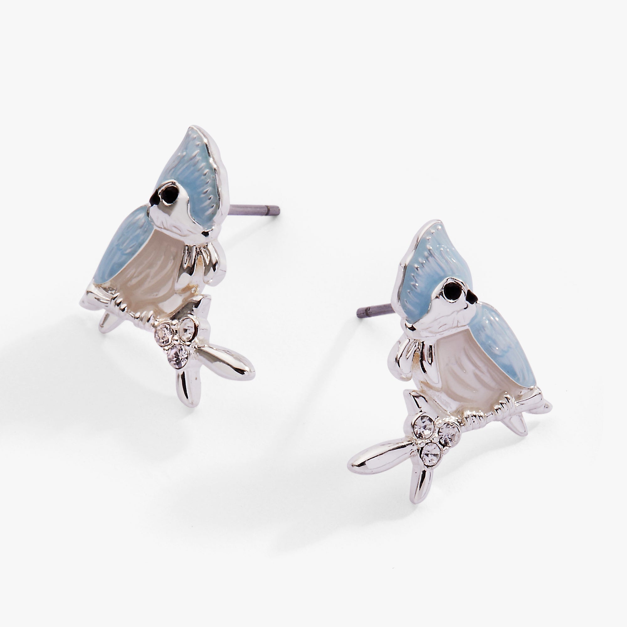 Silver Tufted Titmouse bird stud earrings by ALEX AND ANI showcasing detailed bird design on small, elegant earrings.