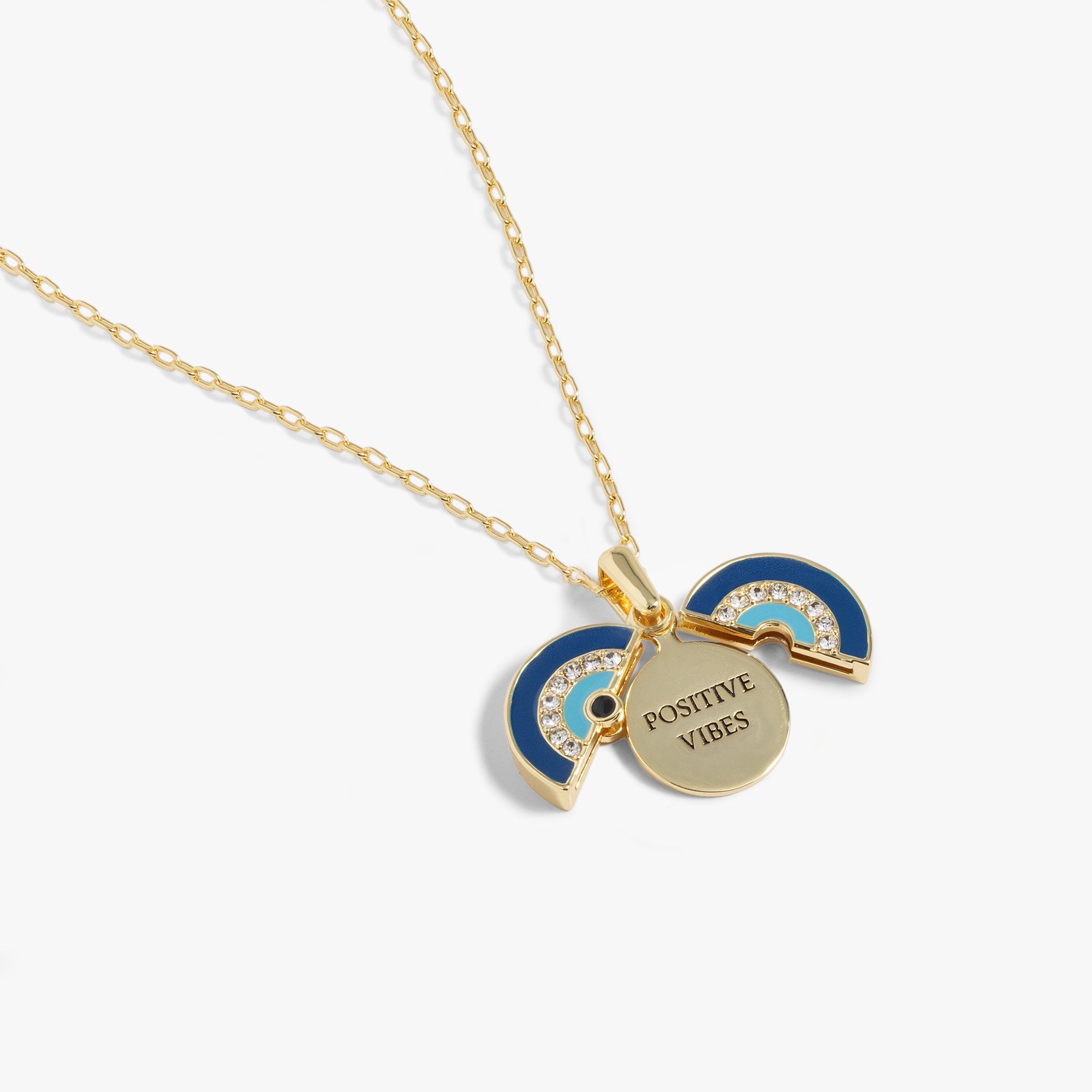 Gold Evil Eye "Positive Vibes" mantra necklace by ALEX AND ANI, featuring a pendant with protective eye charm and positive message.