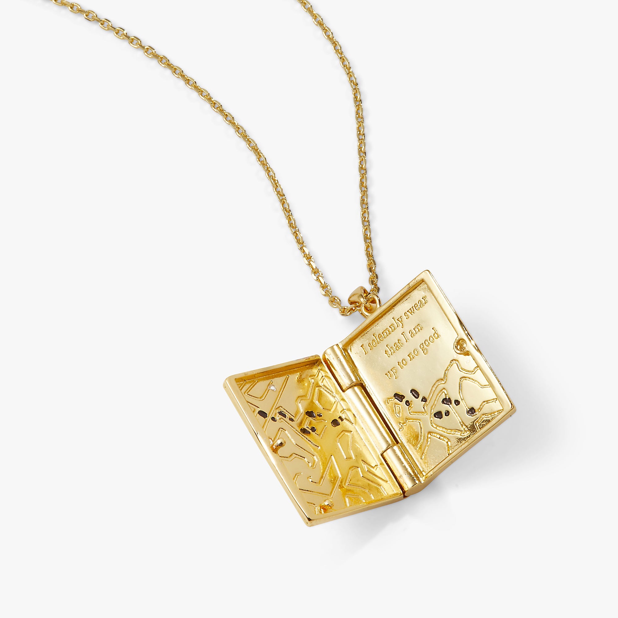 Gold Harry Potter Mischief Managed locket necklace by ALEX AND ANI featuring a magical themed pendant and chain.