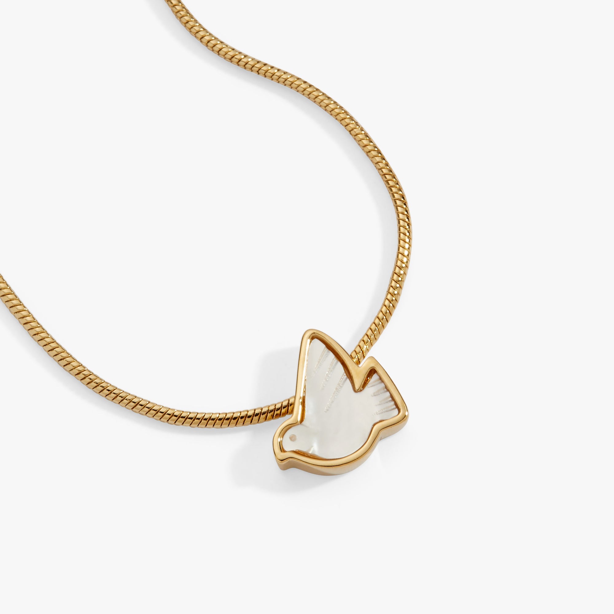 Gold pearlized Dove 'Peace' slider necklace by ALEX AND ANI featuring a dove charm on a delicate chain.