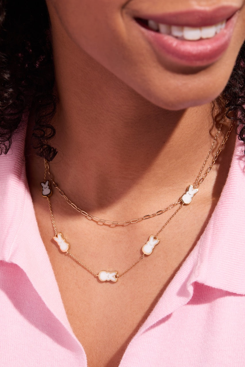 Gold PEEPS® Pearlized Bunny Charm Necklace by ALEX AND ANI featuring a whimsical bunny pendant on a delicate chain.