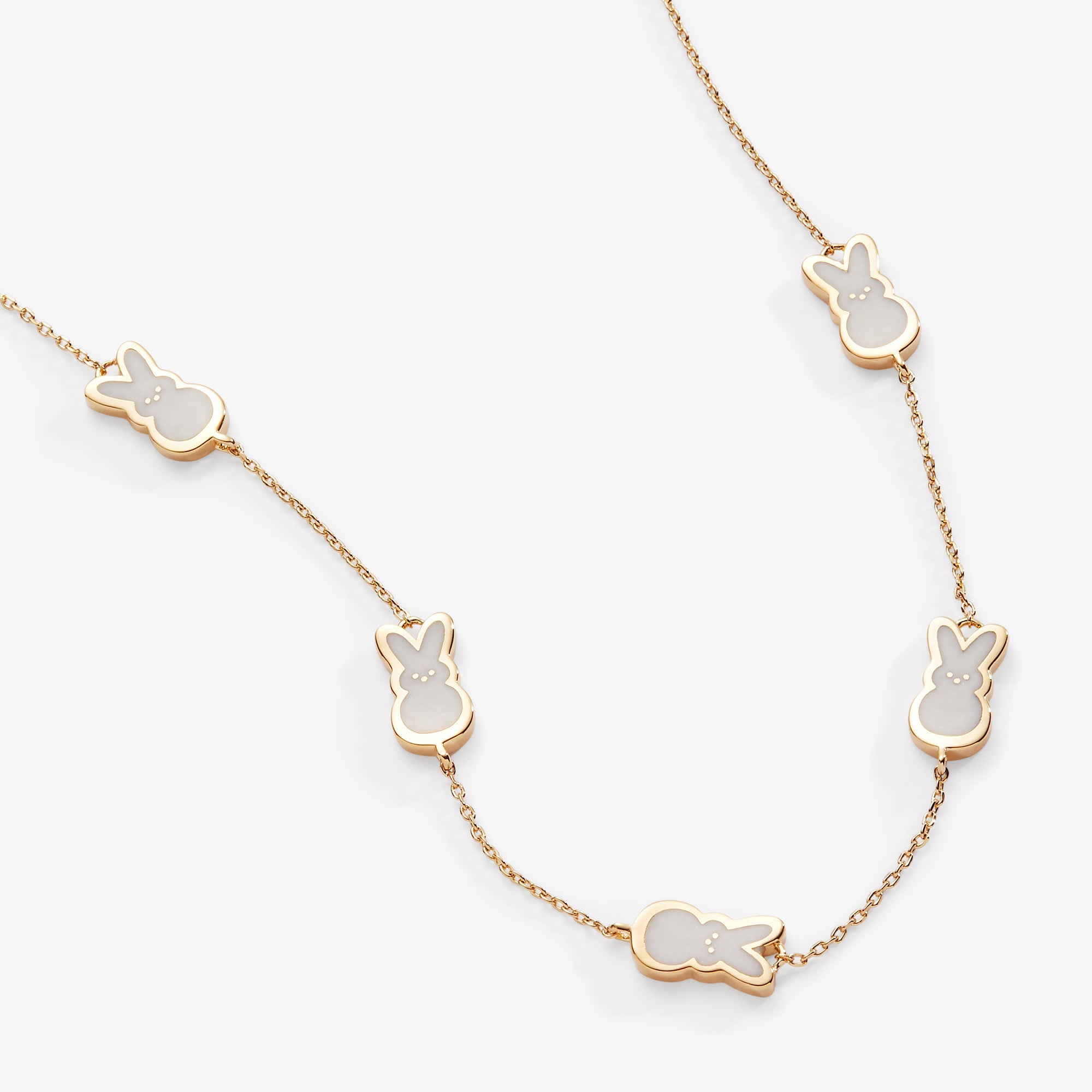Gold PEEPS® Pearlized Bunny Charm Necklace by ALEX AND ANI featuring a cute bunny pendant on a delicate chain.