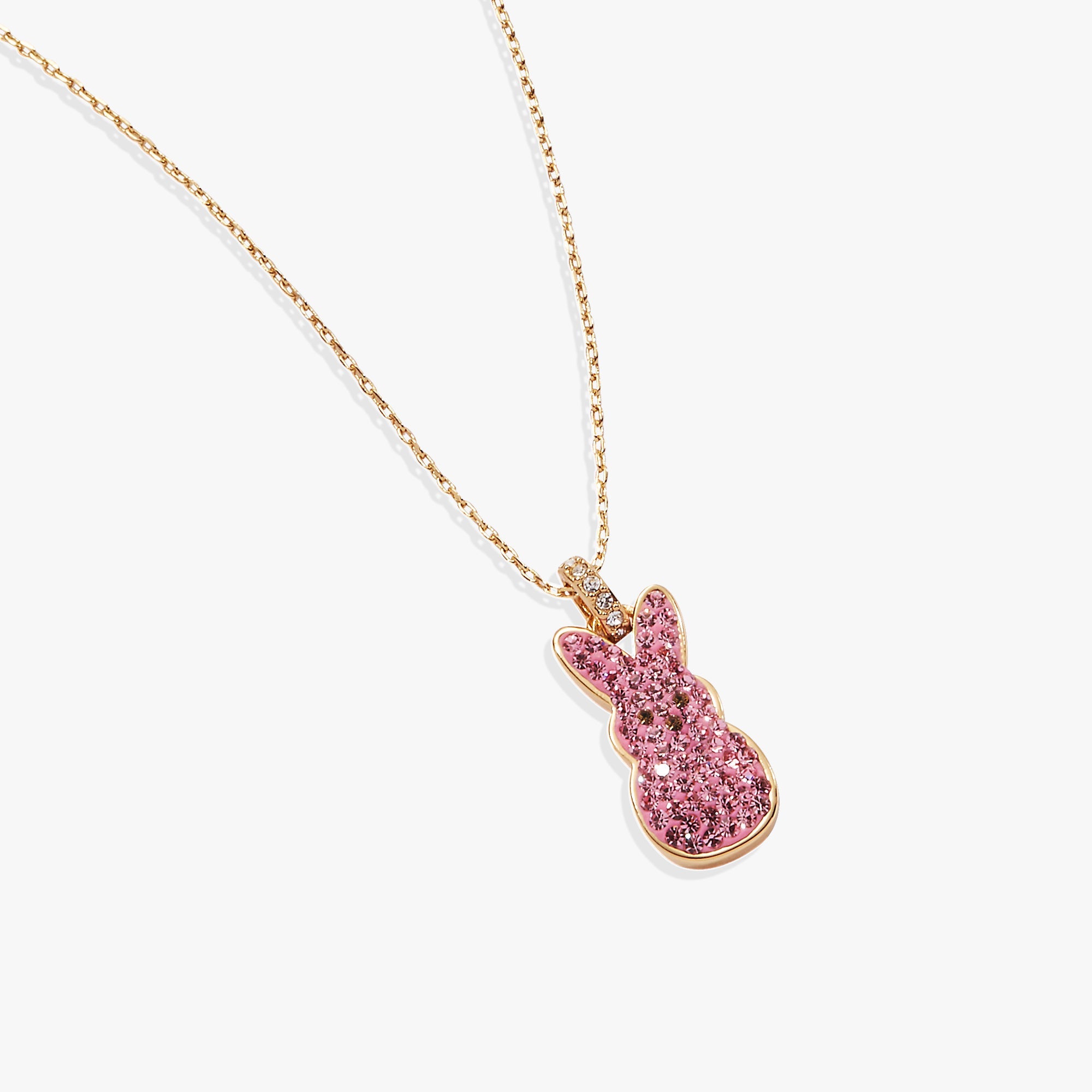 Pink crystal bunny pendant necklace from PEEPS® collection by ALEX AND ANI, featuring a gold chain and adorable bunny charm.
