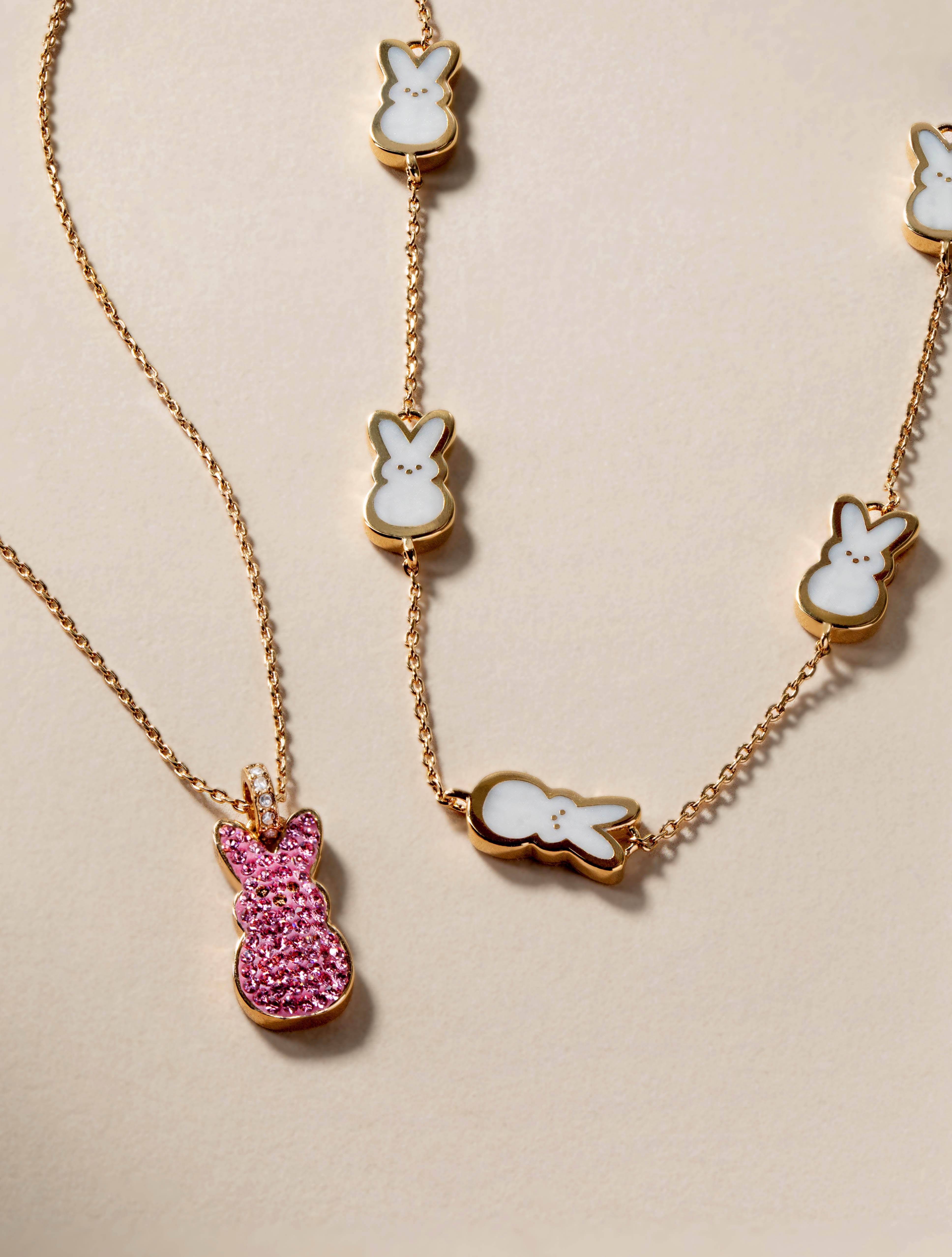 ALEX AND ANI Pink Crystal Bunny Pendant Necklace featuring a gold chain and a pink crystal bunny charm.