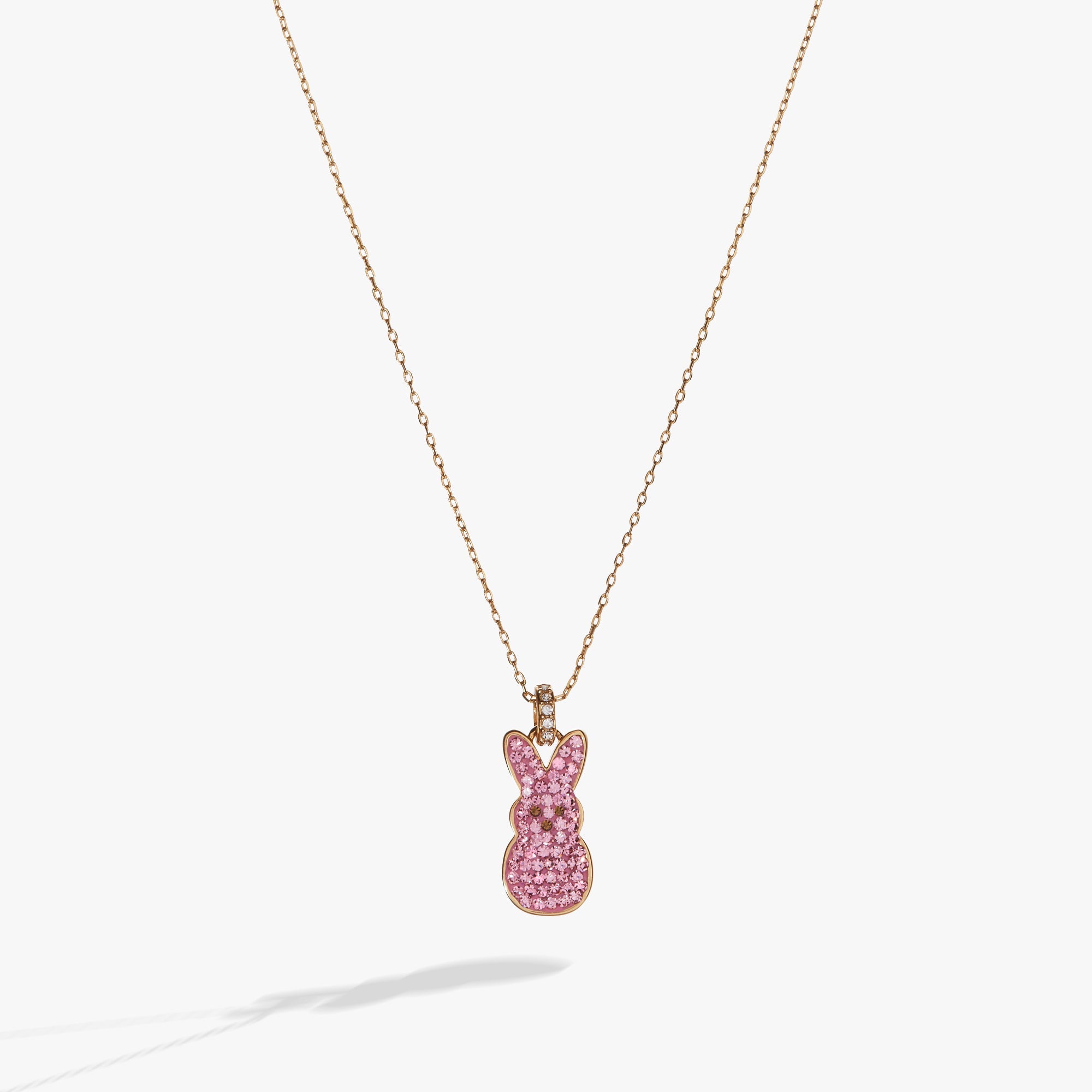 ALEX AND ANI Pink Crystal Bunny Pendant Necklace featuring a gold chain and a pink crystal bunny charm.