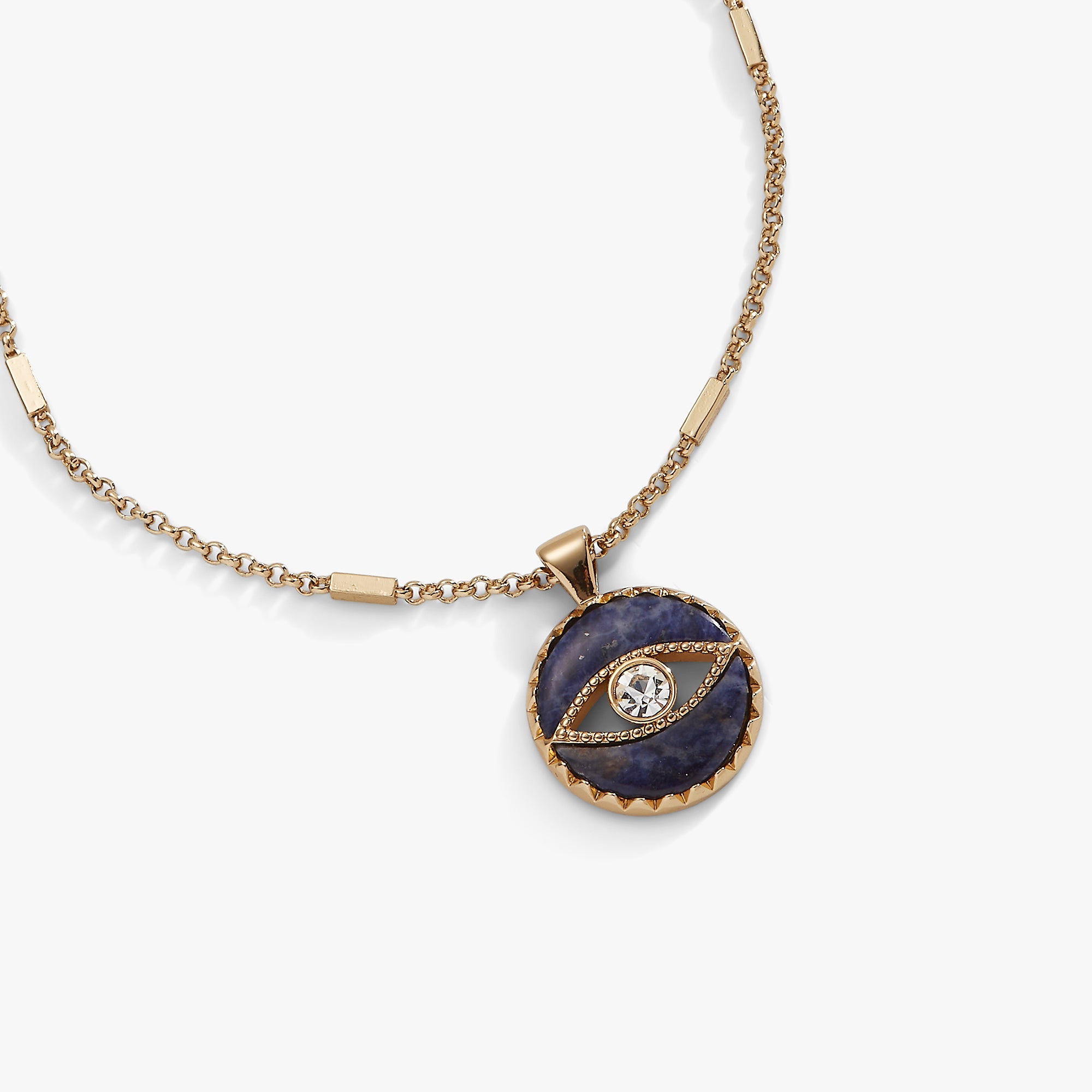 Gold Sodalite Evil Eye Necklace by ALEX AND ANI featuring a round blue and white gemstone pendant on a delicate chain.
