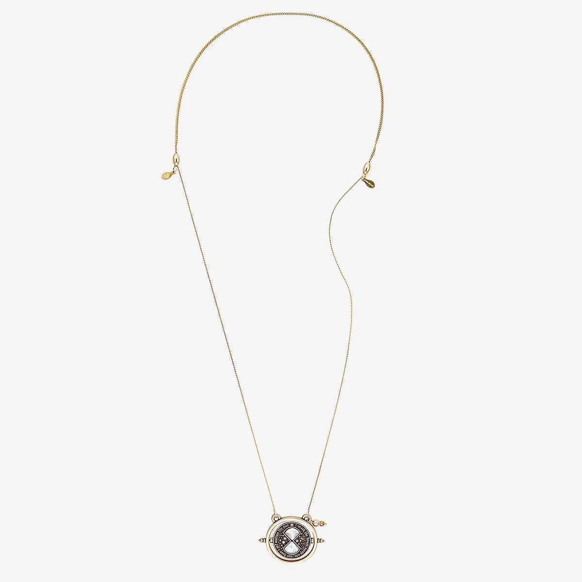 Gold Harry Potter Time Turner Spinner Necklace by ALEX AND ANI featuring a detailed time turner pendant on a chain.