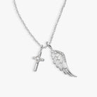 Silver ALEX AND ANI necklace featuring a faith cross and angel wing charms on a delicate chain.