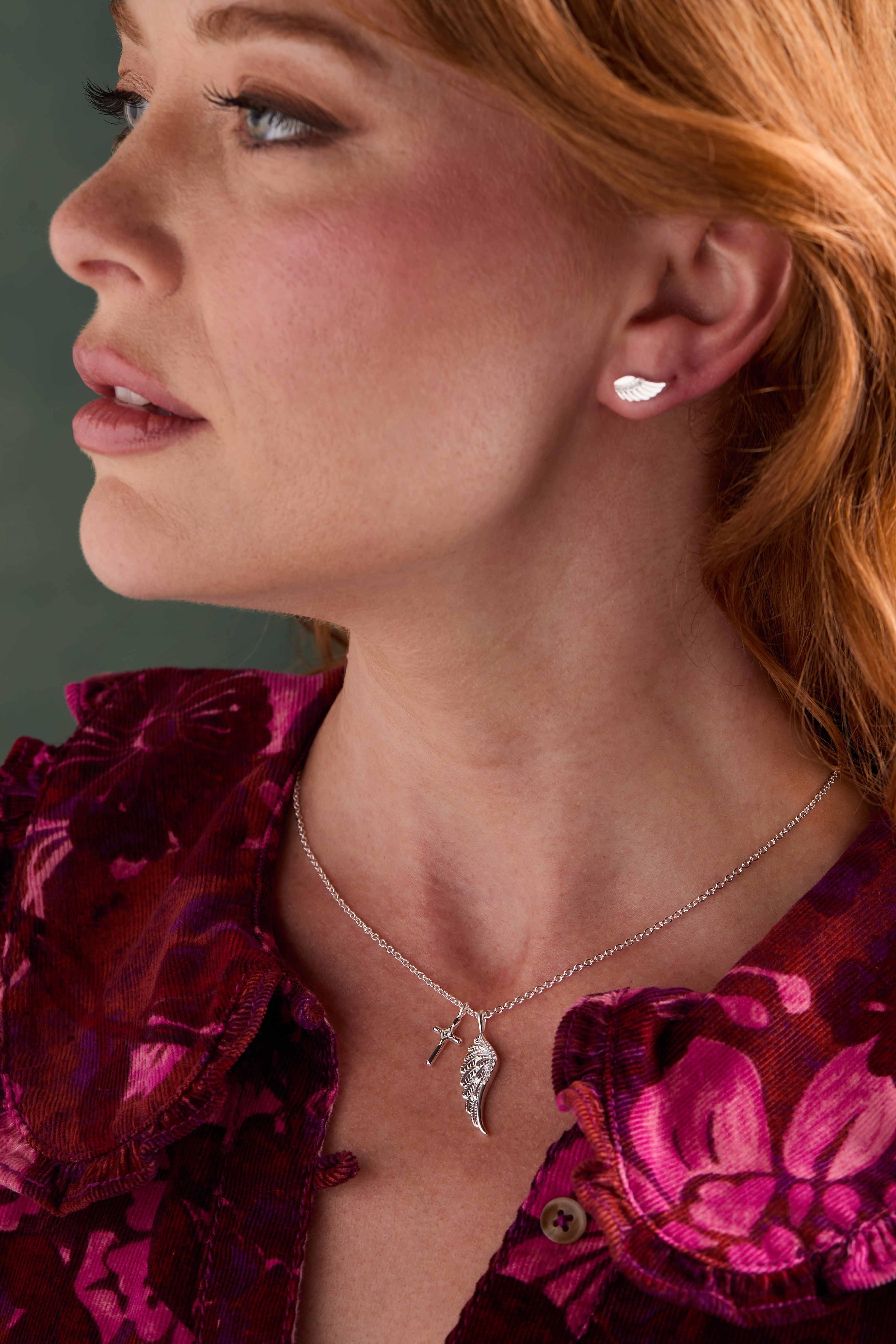 Silver Faith Cross and Angel Wing Charm Necklace by ALEX AND ANI, featuring detailed cross and angel wing pendants.