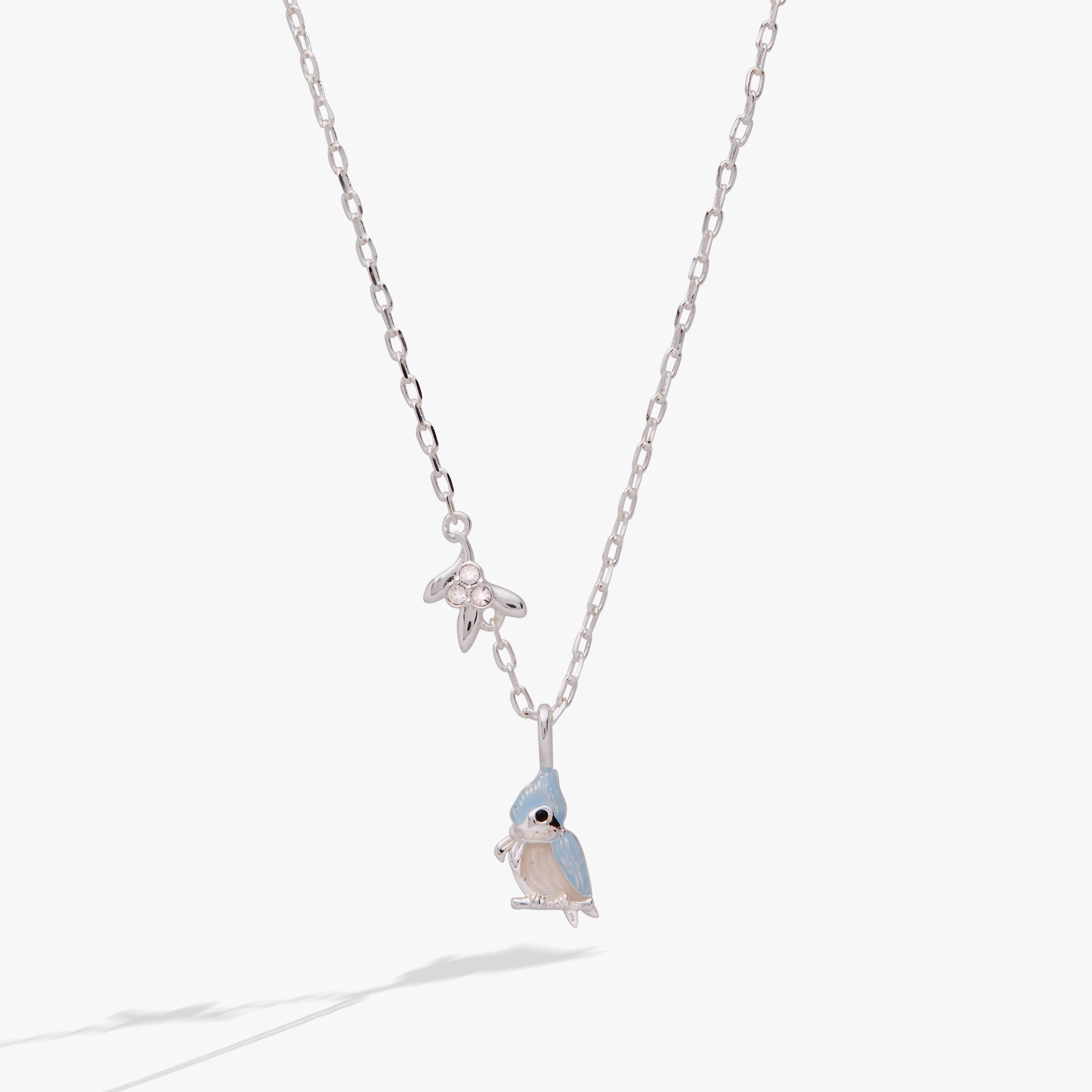 Silver Tufted Titmouse bird pendant necklace from ALEX AND ANI, featuring detailed bird charm on a sleek chain.