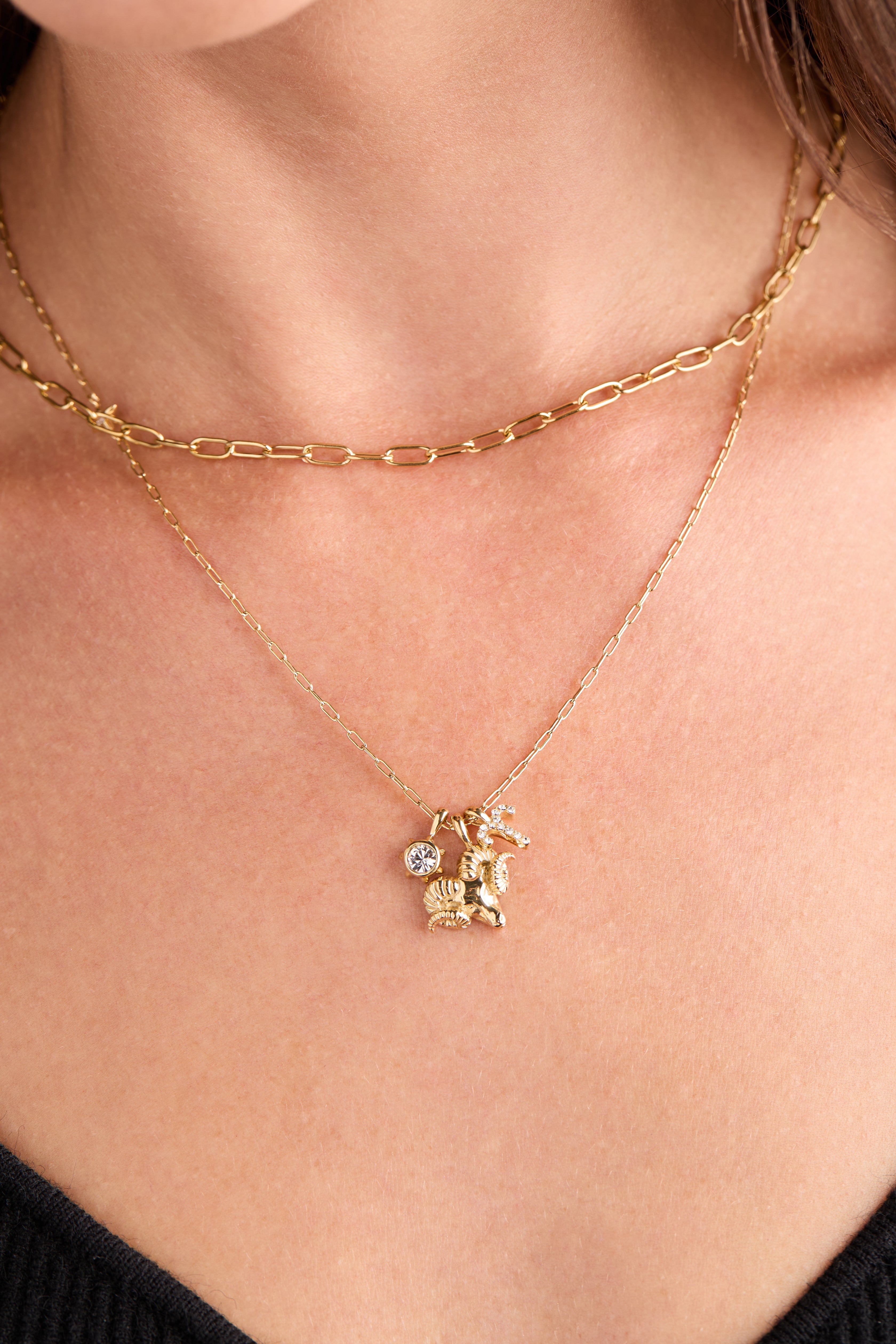 Gold Aries Zodiac Charm Cluster Necklace by ALEX AND ANI featuring stainless steel chain and zodiac-themed charms.