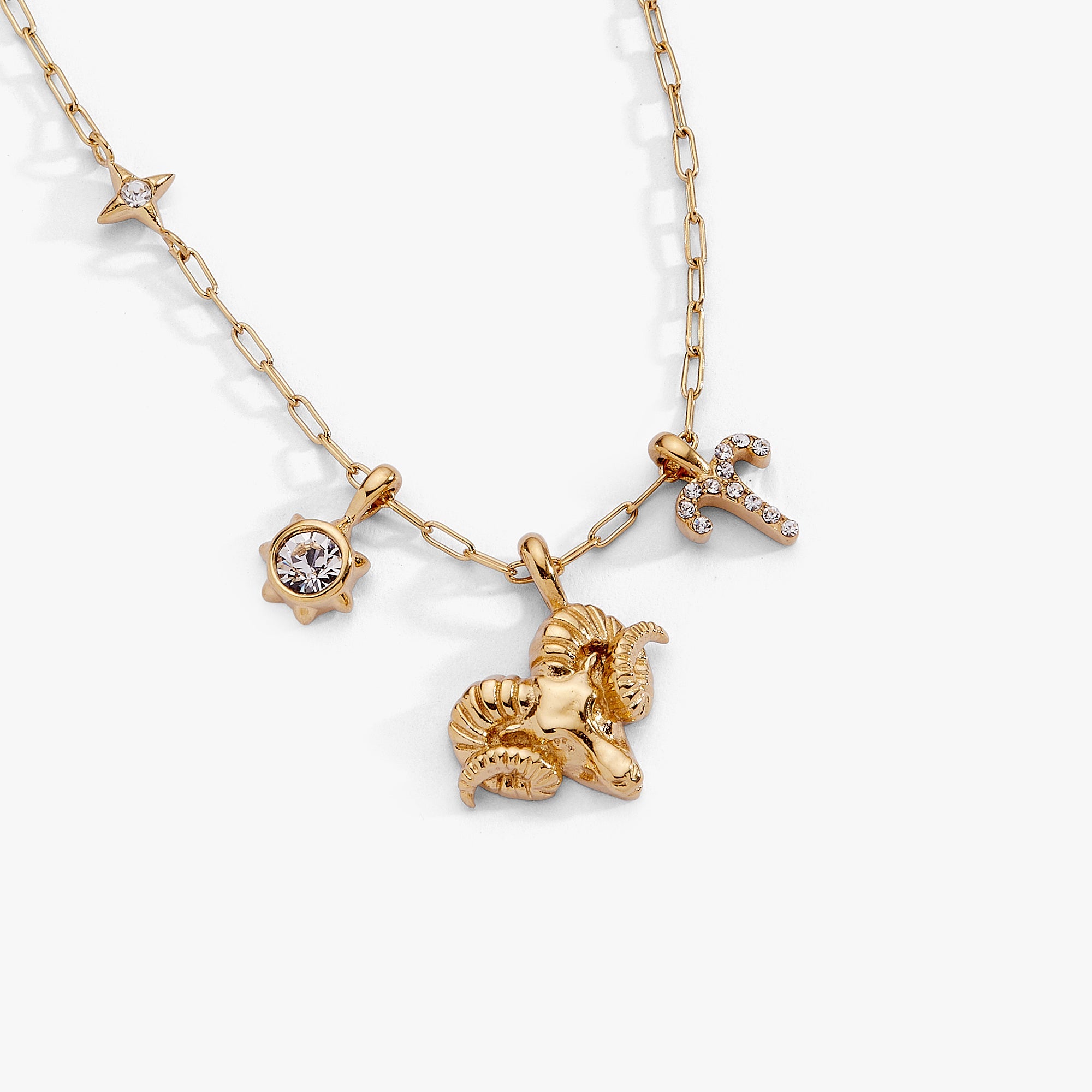 Gold Aries Zodiac Charm Cluster Necklace by ALEX AND ANI featuring stainless steel chain and zodiac charm.