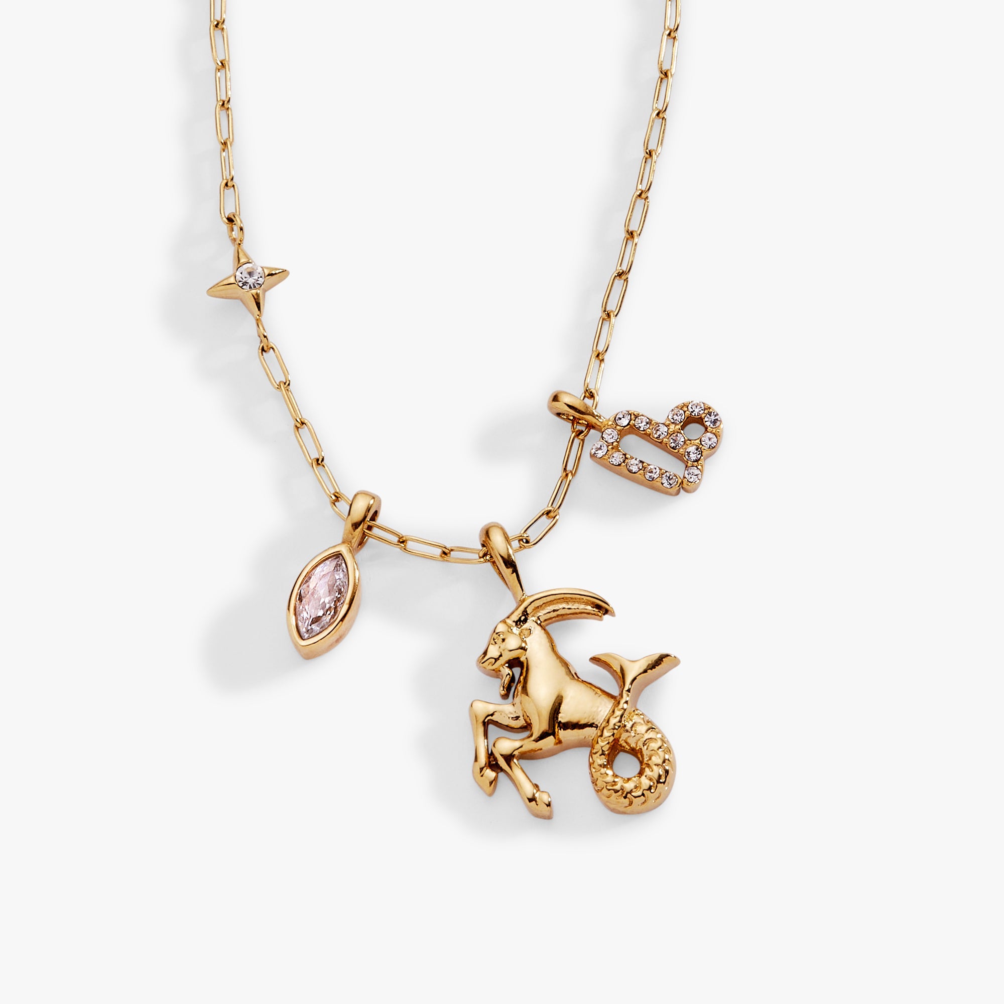 Gold stainless steel Capricorn Zodiac Charm Cluster Necklace by ALEX AND ANI featuring zodiac pendants and a delicate chain.