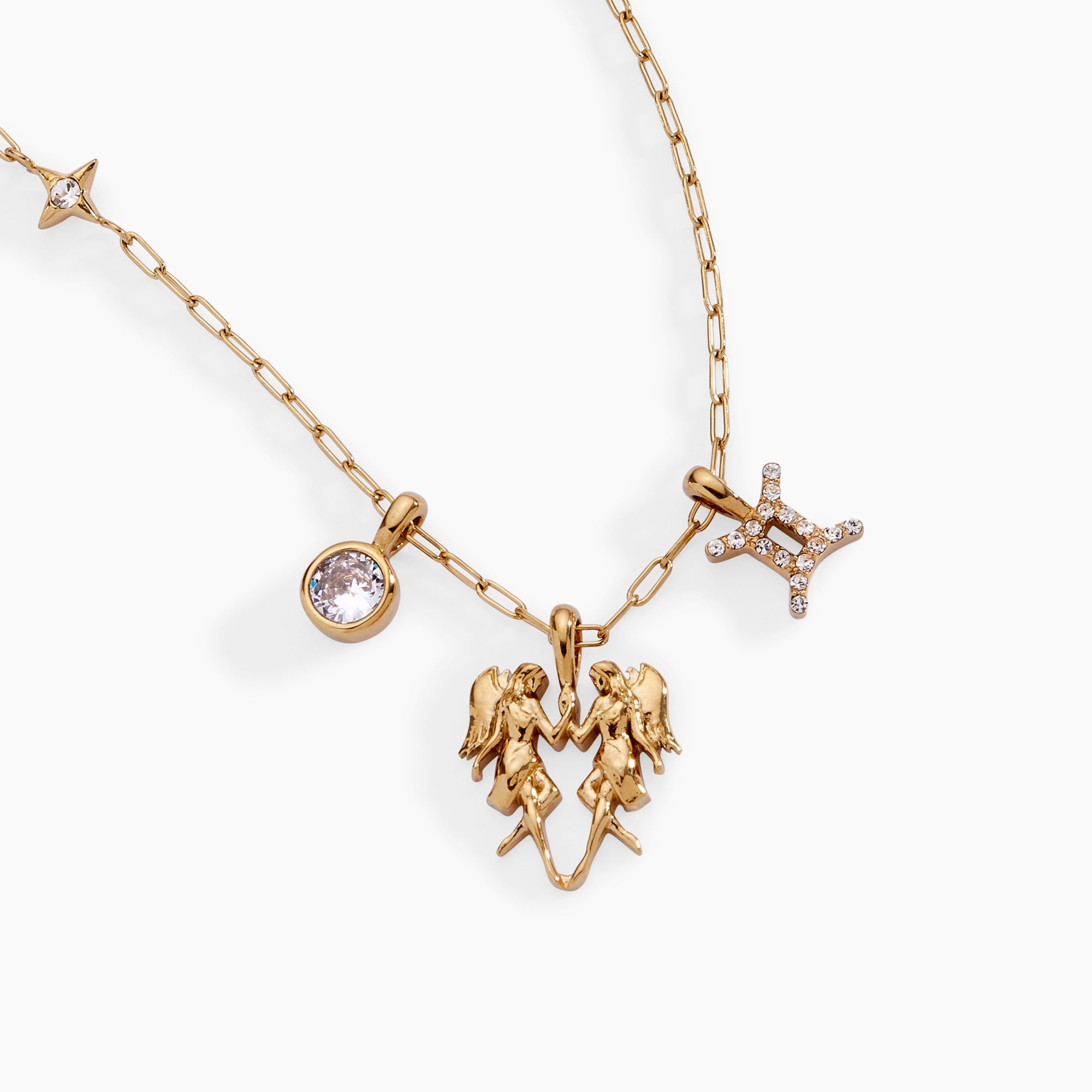 Gold stainless steel Gemini Zodiac Charm Cluster Necklace from ALEX AND ANI, featuring celestial charms and a delicate chain.