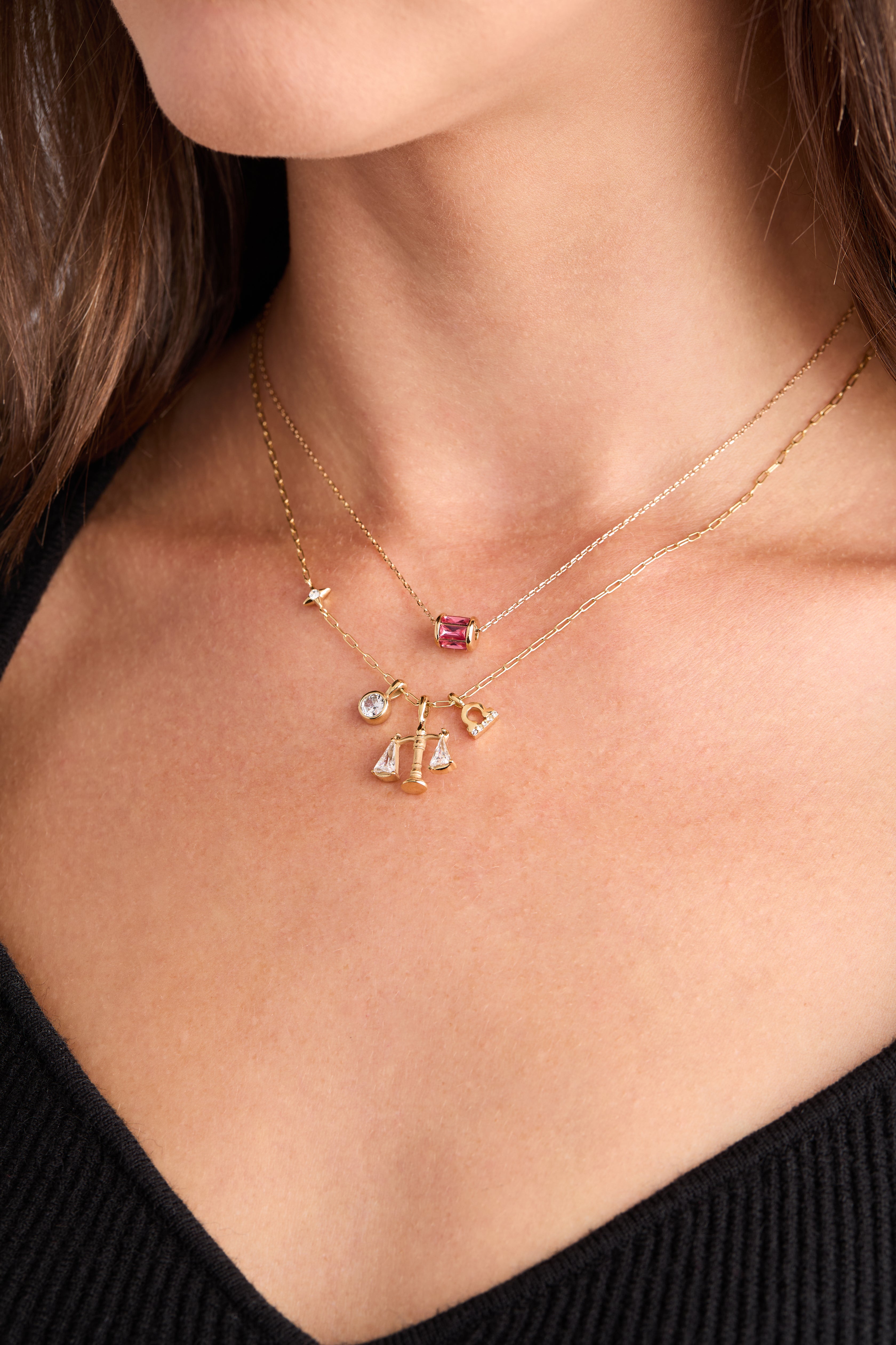 Gold Libra Zodiac Charm Cluster Necklace by ALEX AND ANI featuring stainless steel with zodiac-themed charms.