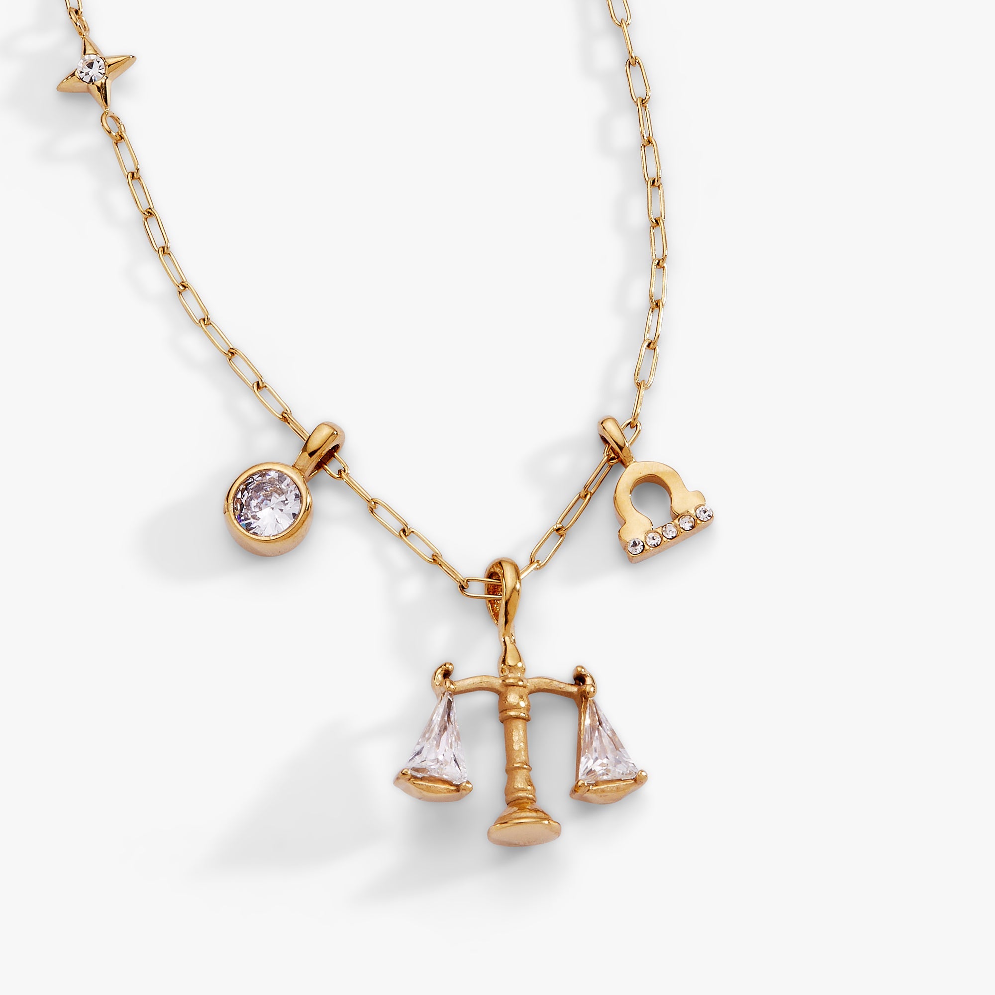 Gold Libra Zodiac Charm Cluster Necklace by ALEX AND ANI featuring stainless steel chain and zodiac pendant.