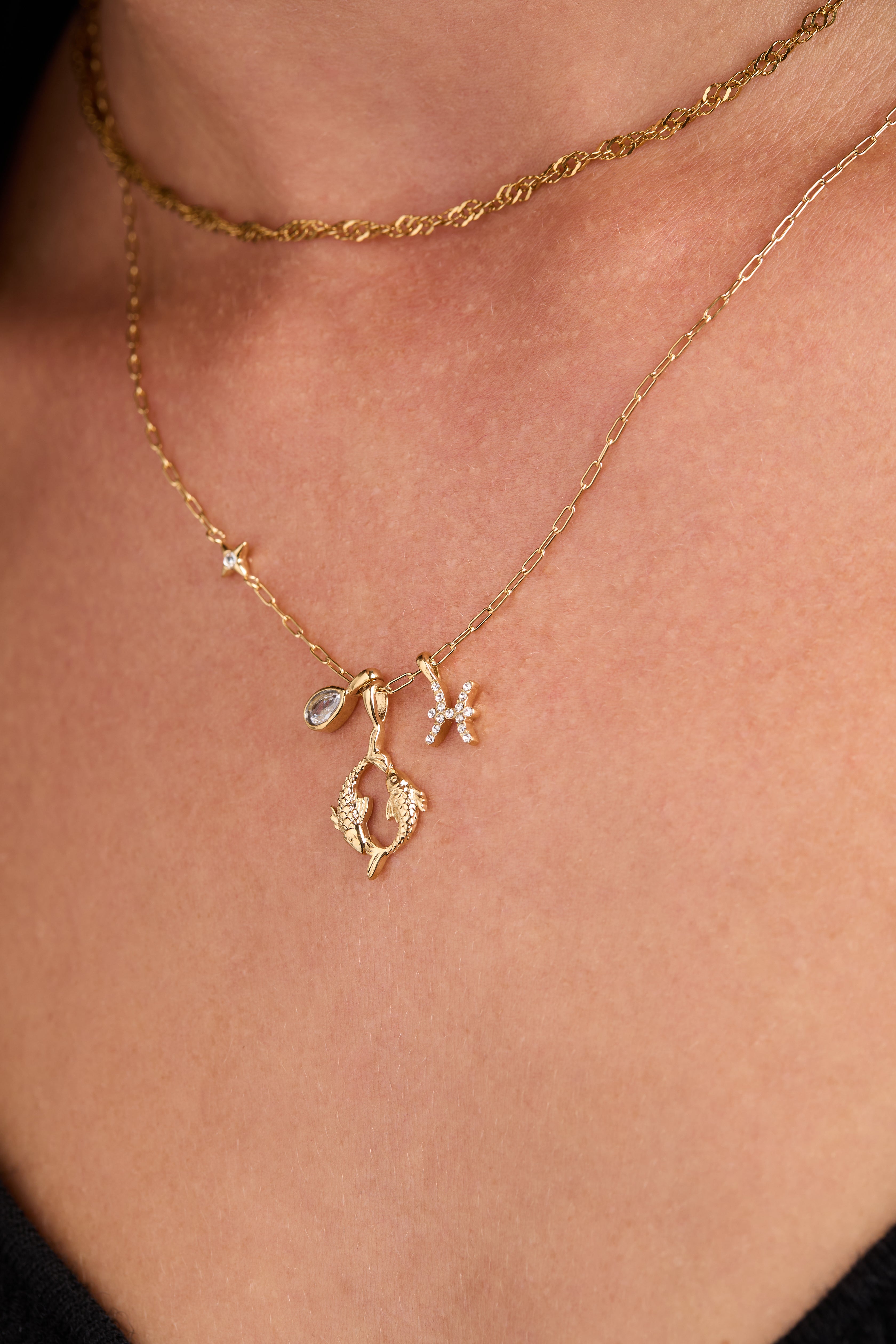 Gold stainless steel Pisces Zodiac Charm Cluster Necklace by ALEX AND ANI featuring a zodiac symbol pendant on a delicate chain.