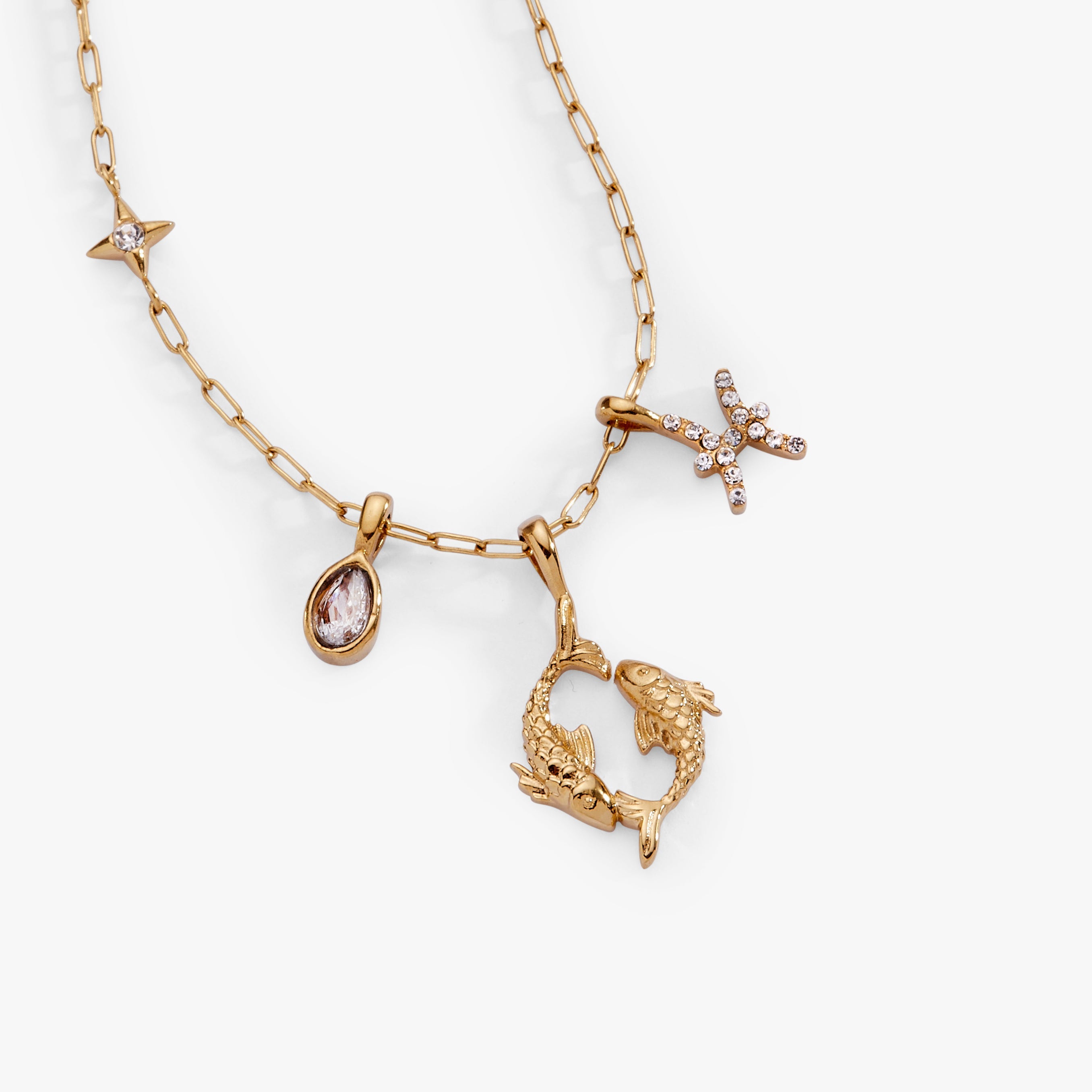 ALEX AND ANI Pisces Zodiac Charm Cluster Necklace featuring gold stainless steel with a Pisces-themed pendant and chain.