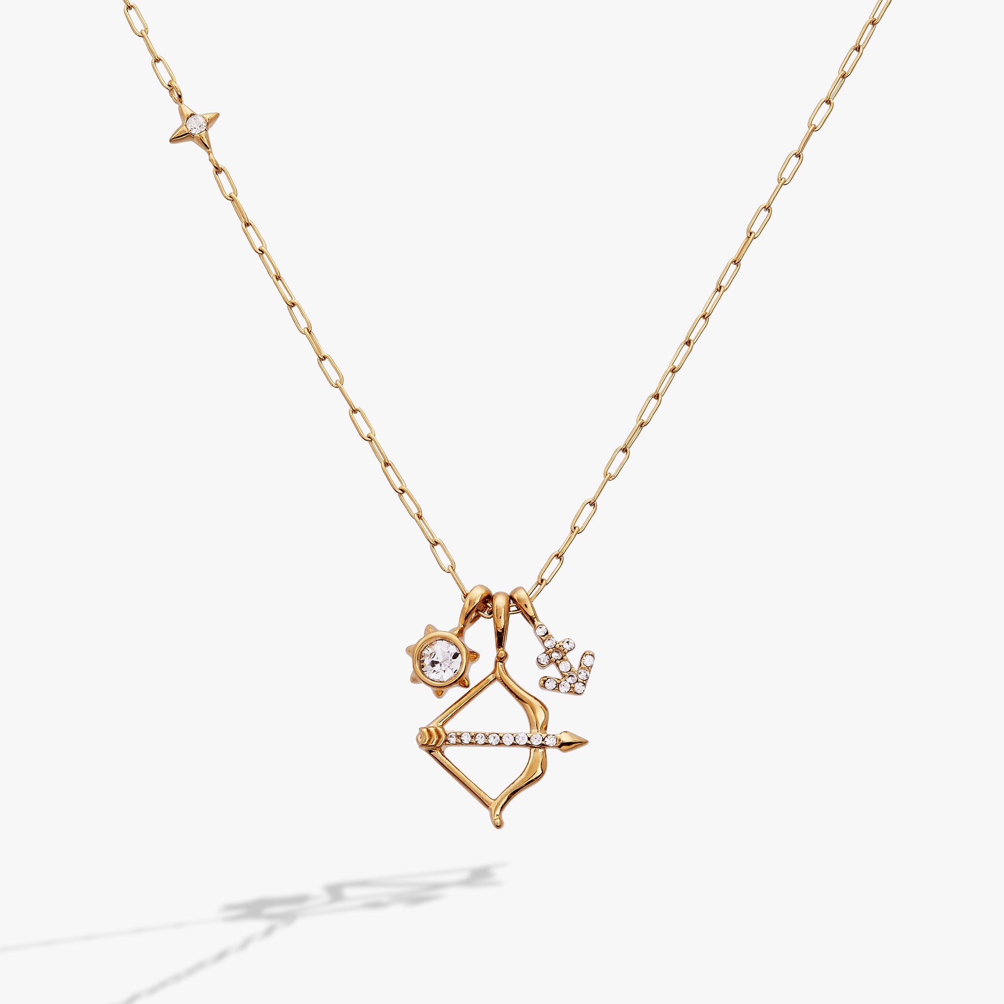 Gold Sagittarius Zodiac Charm Cluster Necklace by ALEX AND ANI featuring stainless steel design and celestial accents.
