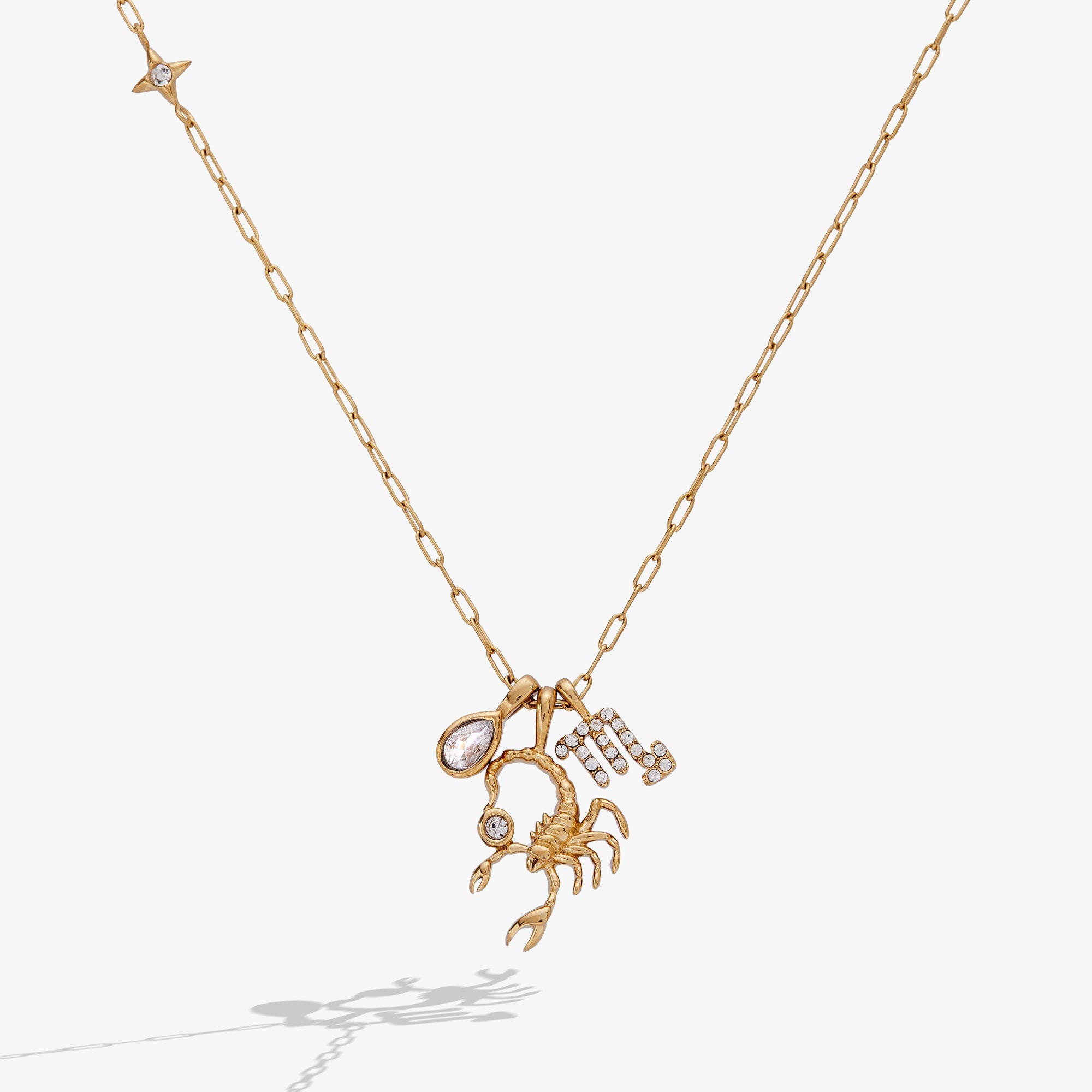 Gold stainless steel Scorpio Zodiac Charm Cluster Necklace by ALEX AND ANI featuring a detailed Scorpio pendant and chain.