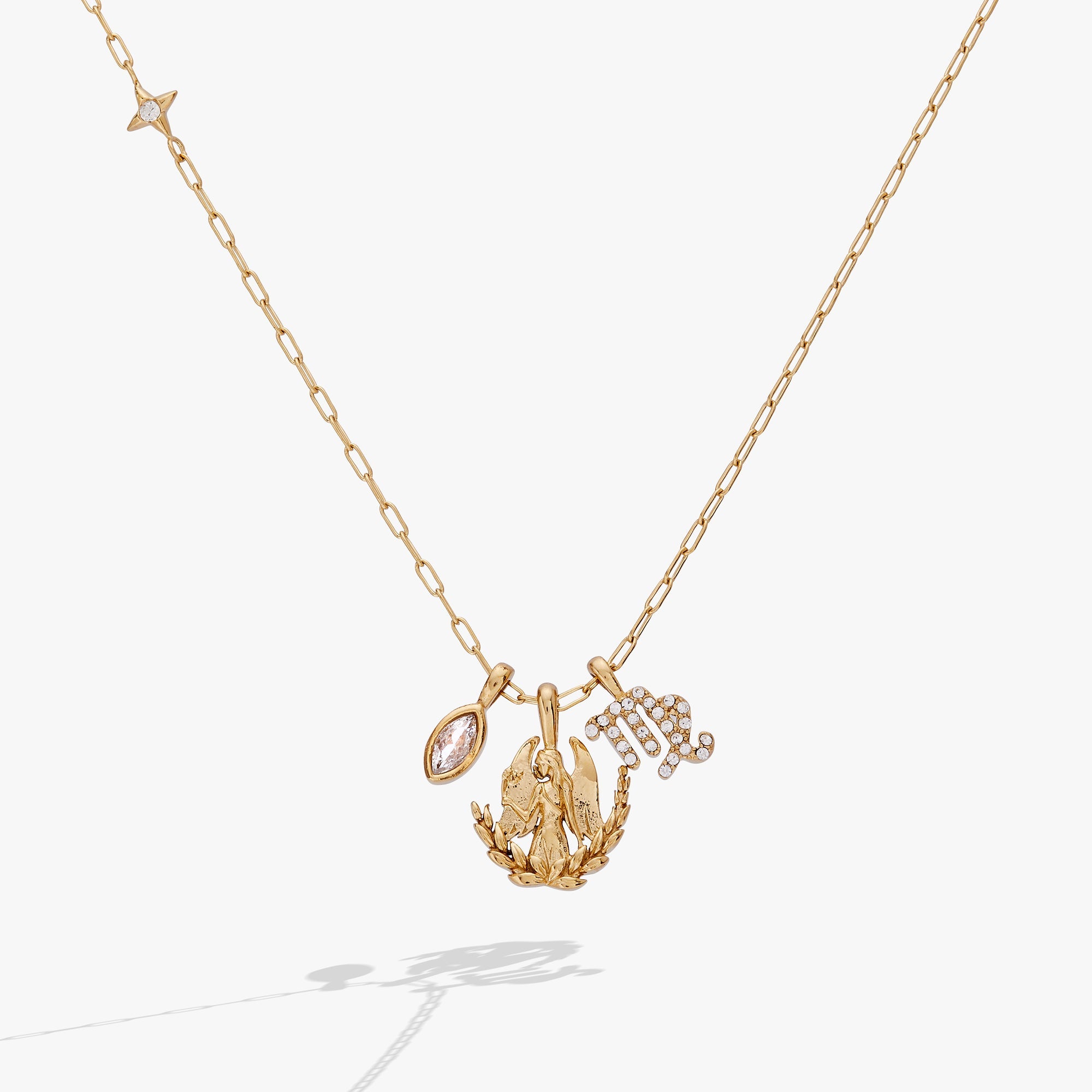 Gold Virgo zodiac charm cluster necklace by ALEX AND ANI featuring stainless steel and intricate charm details.
