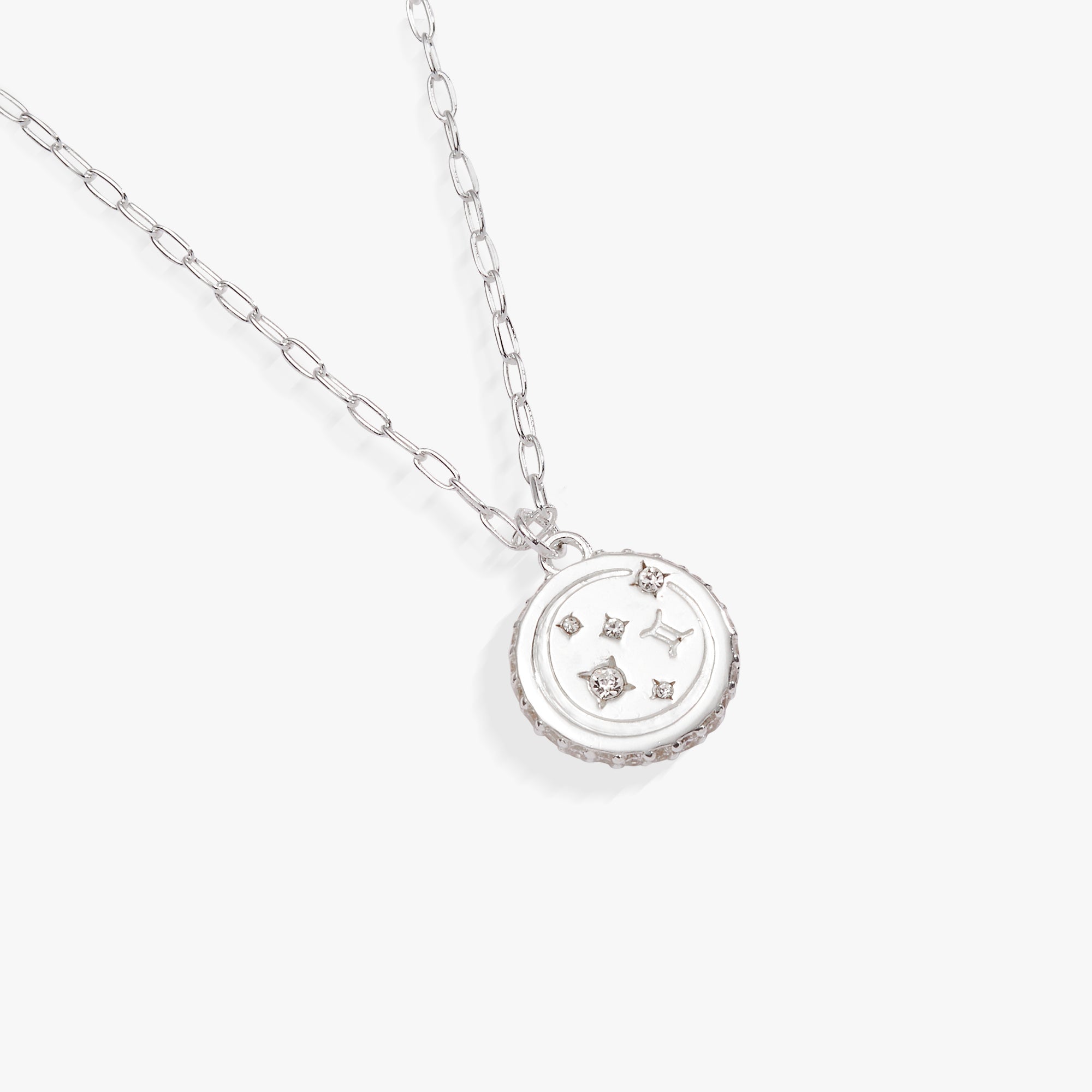 Sterling silver Gemini Zodiac necklace by ALEX AND ANI featuring a detailed Gemini symbol pendant.