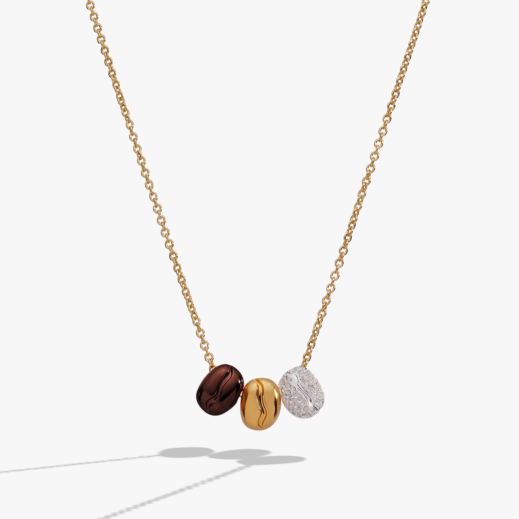 Tri-tone Coffee Bean pendant necklace with engraved 'Happiness, Wealth, Health' by ALEX AND ANI, featuring detailed design.