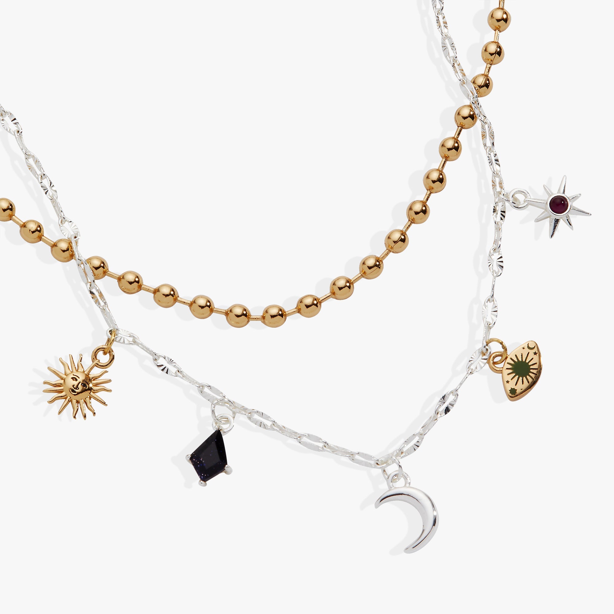 Two-tone Moon Magic 2 Row Charm Necklace by ALEX AND ANI featuring celestial moon charms on a layered chain design.