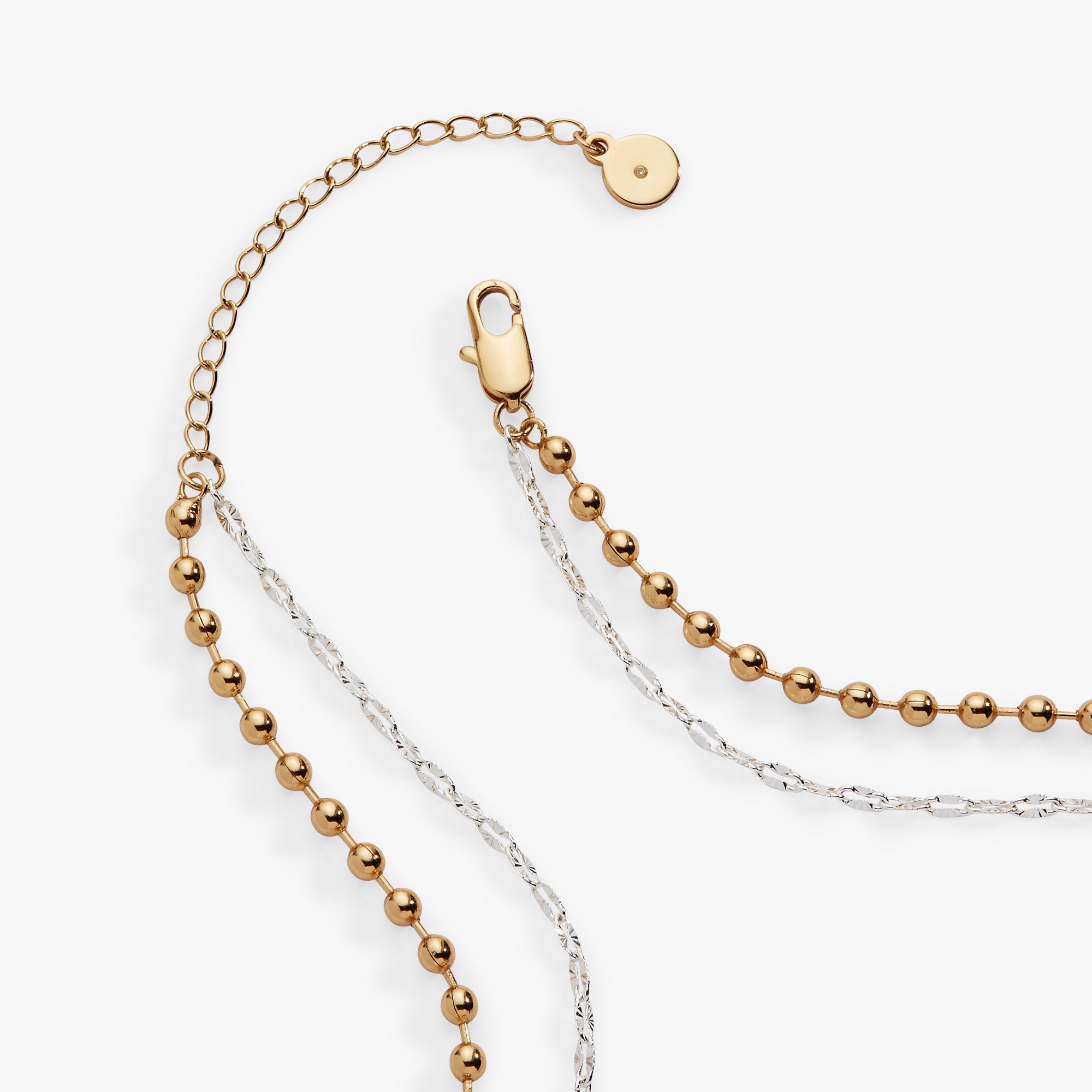 ALEX AND ANI Moon Magic 2 Row Charm Necklace featuring two-tone design with celestial moon charms on a delicate chain.