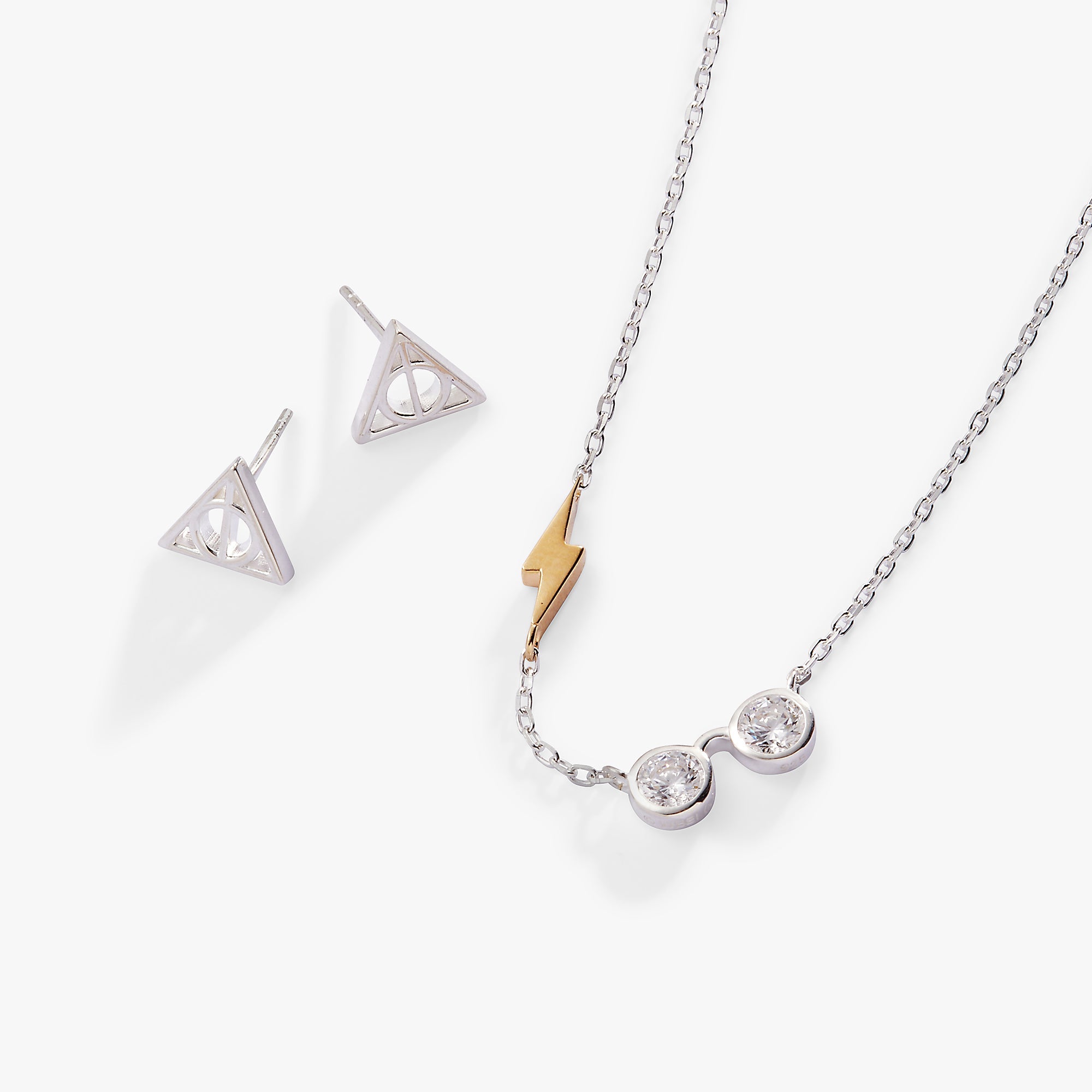 Sterling silver Harry Potter glasses and Deathly Hallows necklace and earrings set by ALEX AND ANI, featuring two-tone design.